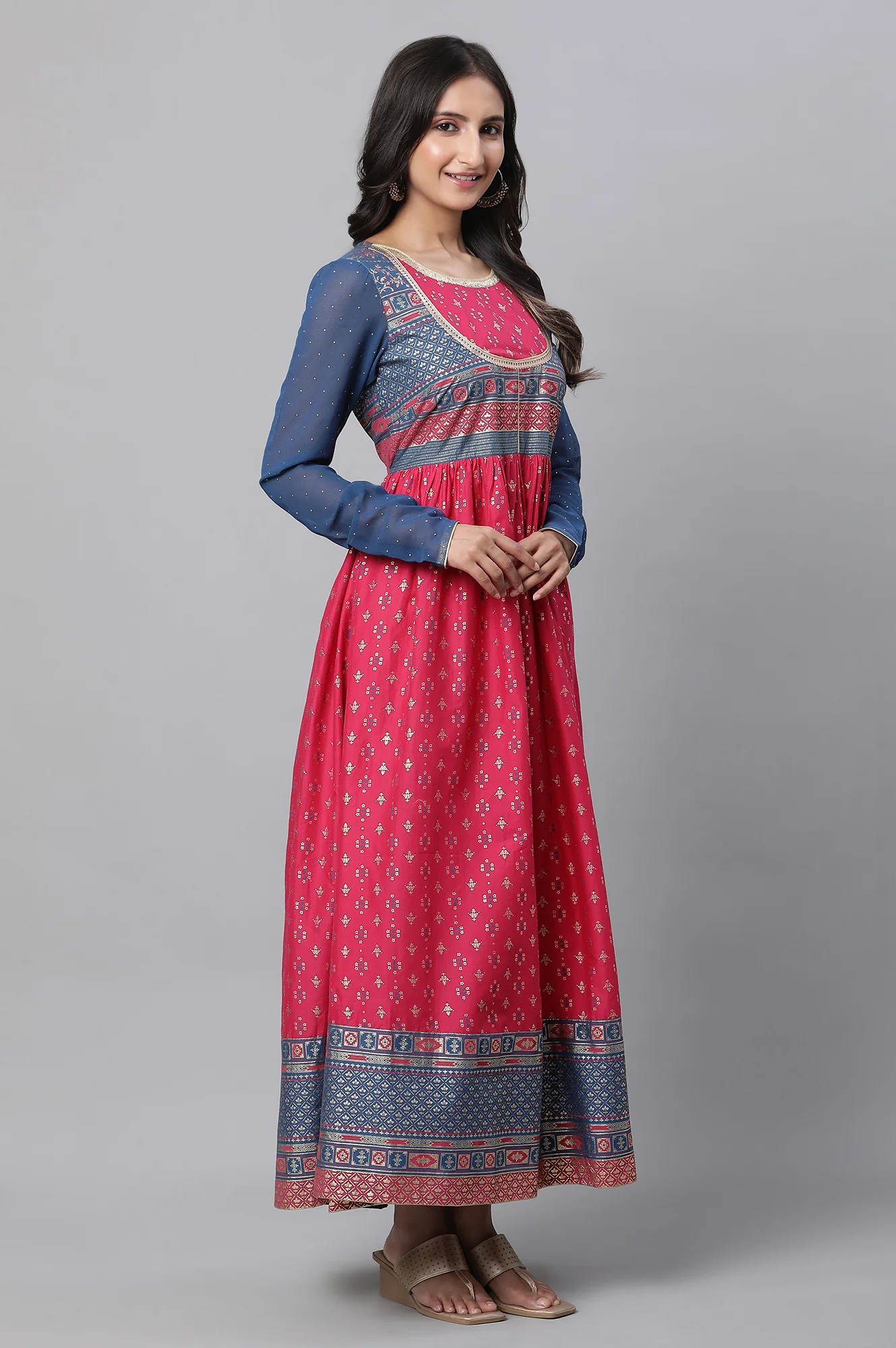 Red Yoke Foil Printed Straight Festive Kurta - Image 6