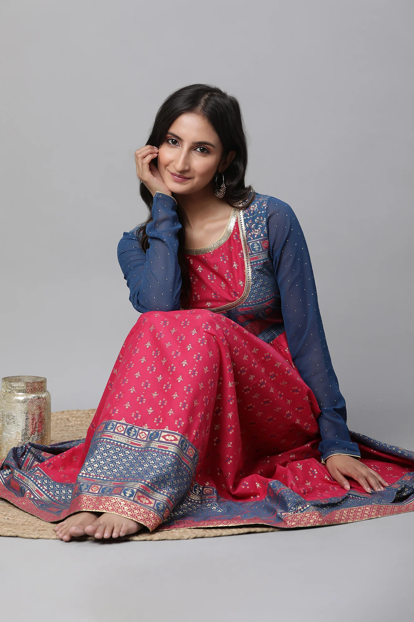 Red Yoke Foil Printed Straight Festive Kurta - Image 7