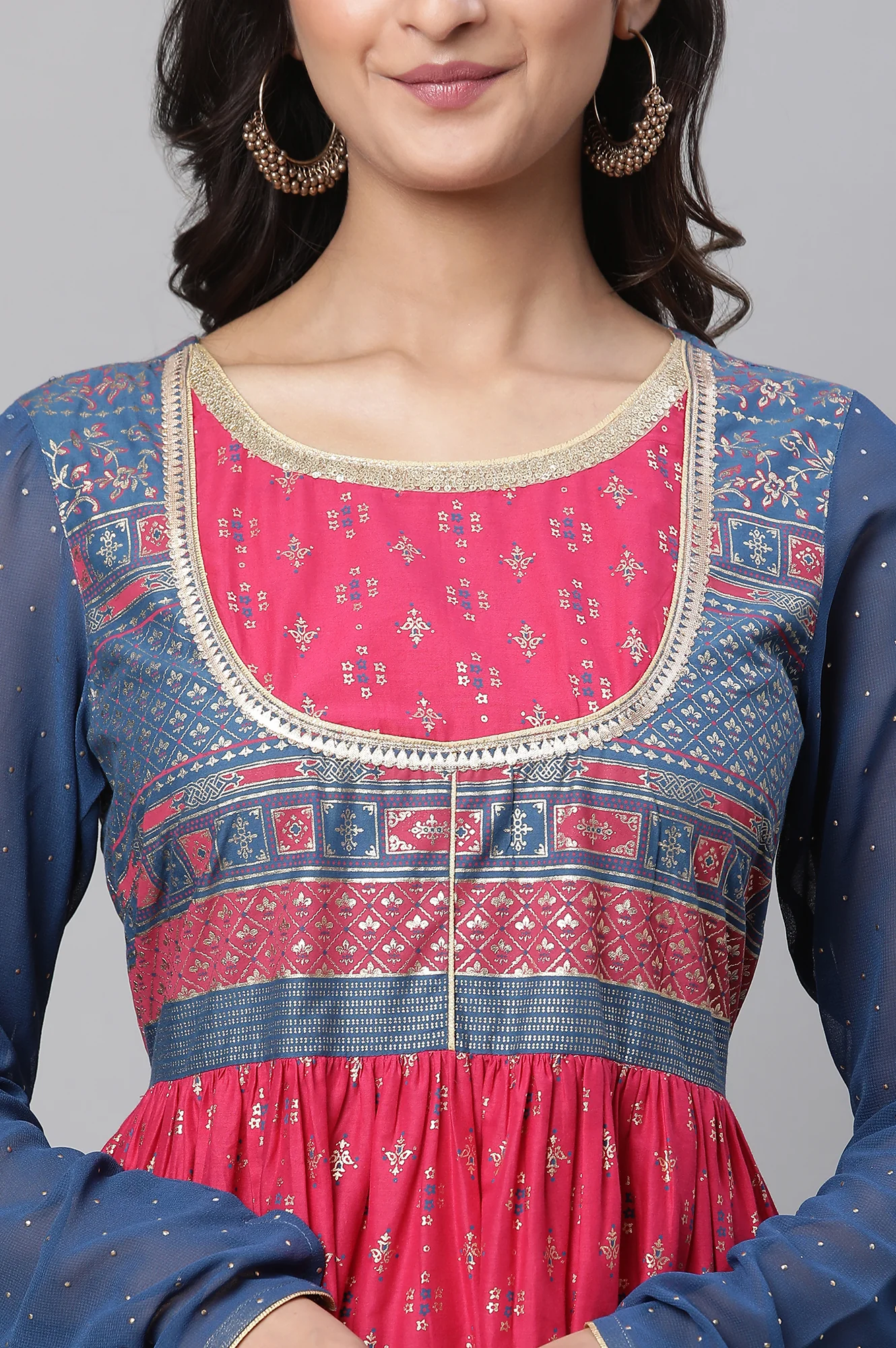 Red Yoke Foil Printed Straight Festive Kurta - Image 8