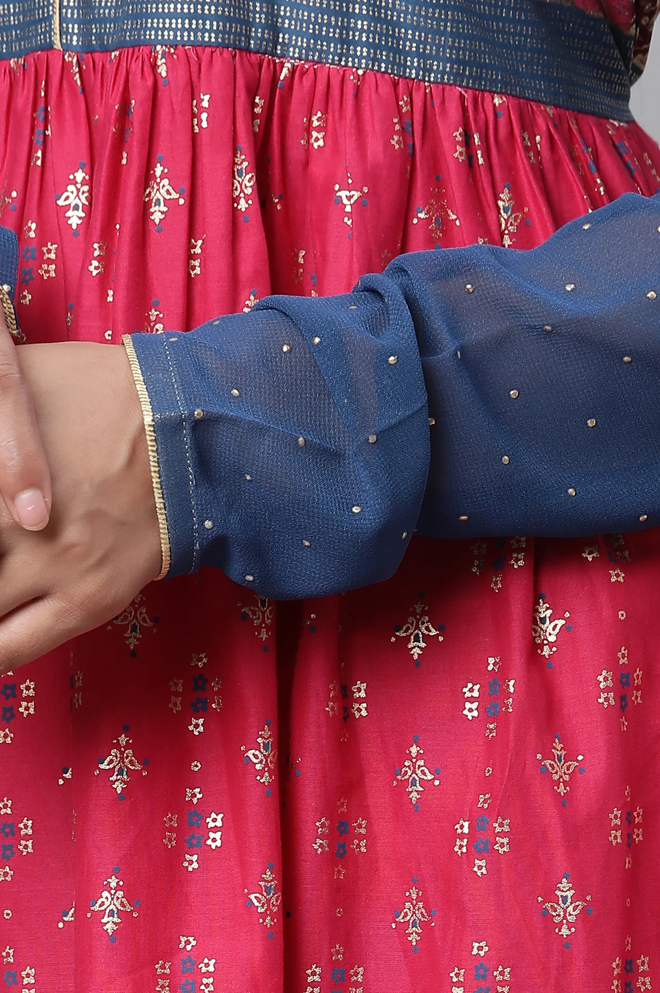 Red Yoke Foil Printed Straight Festive Kurta - Image 9