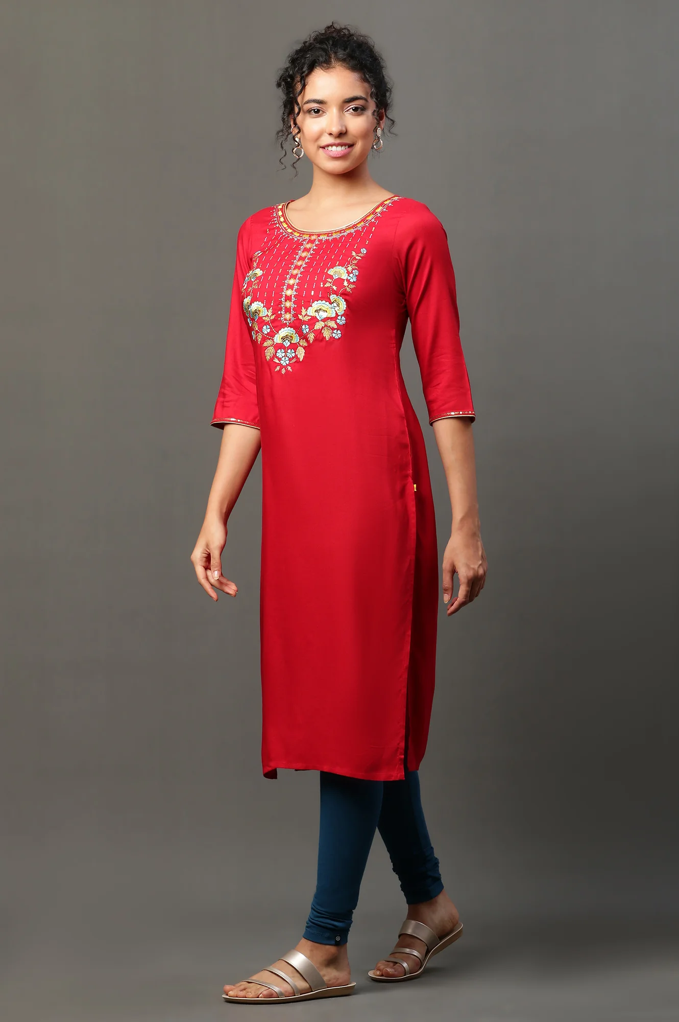 Red Zari Embroidered Festive Kurta - Image 3