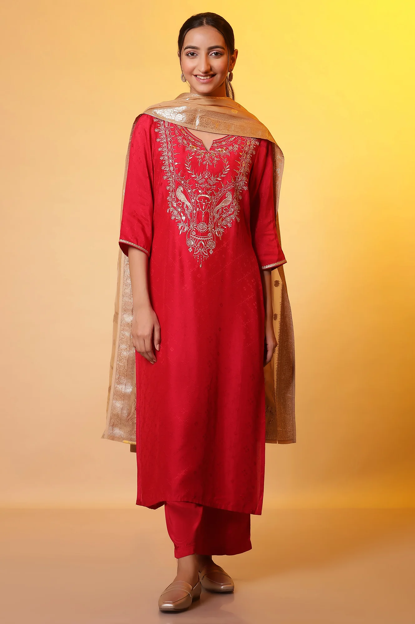 Red Zari Embroidered Kurta, Palazzo and Dupatta Set - Image 2