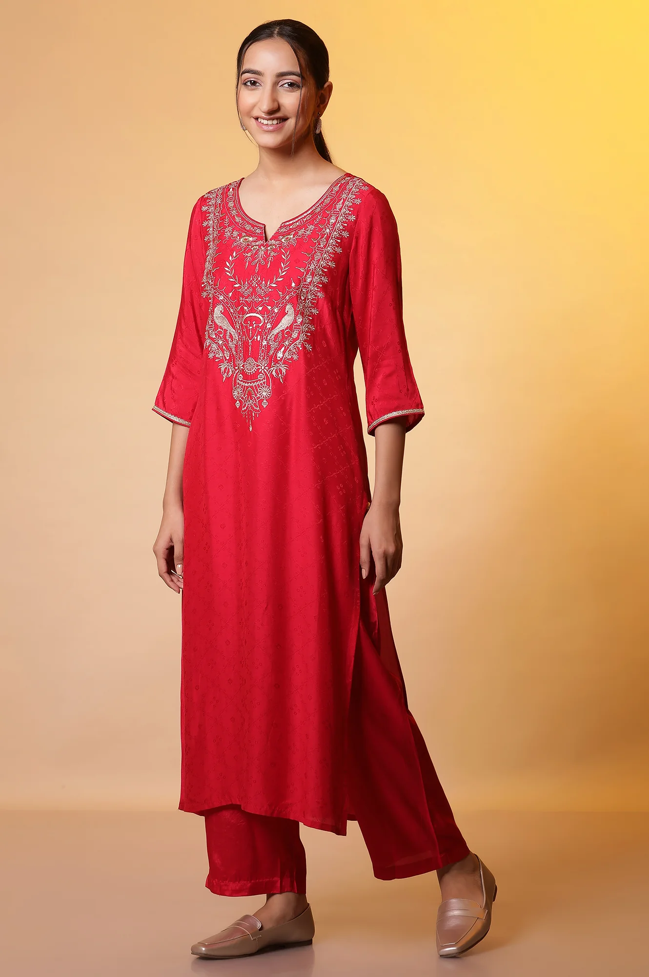 Red Zari Embroidered Kurta, Palazzo and Dupatta Set - Image 3