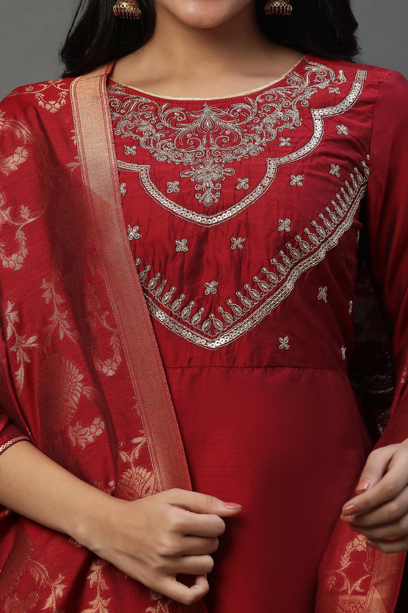 Red Zari Embroidered Kurta, Pants and Jacquard Dupatta - Image 6