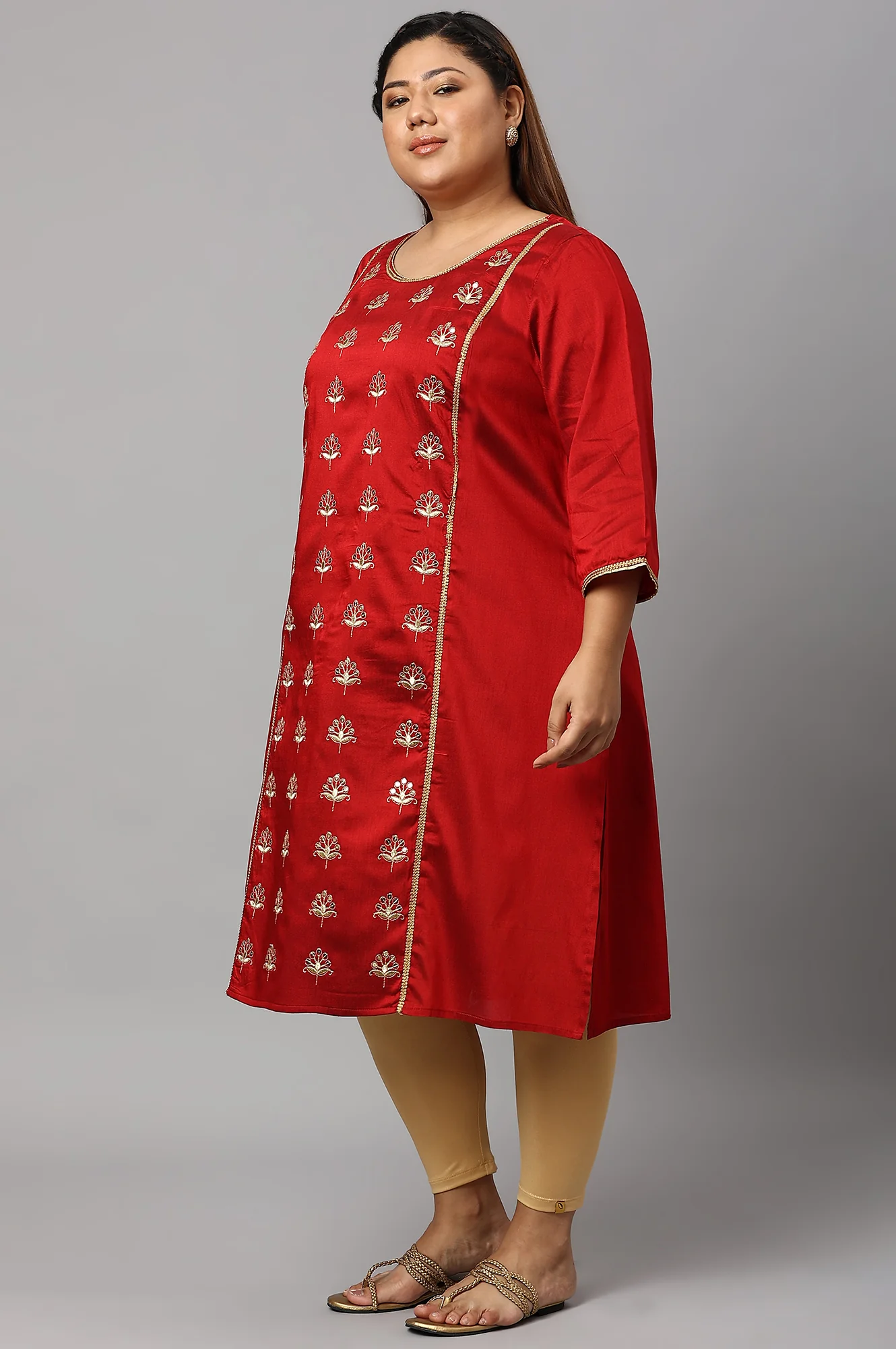 Red Zari Embroidered Plus Size LIVA kurta - Image 3