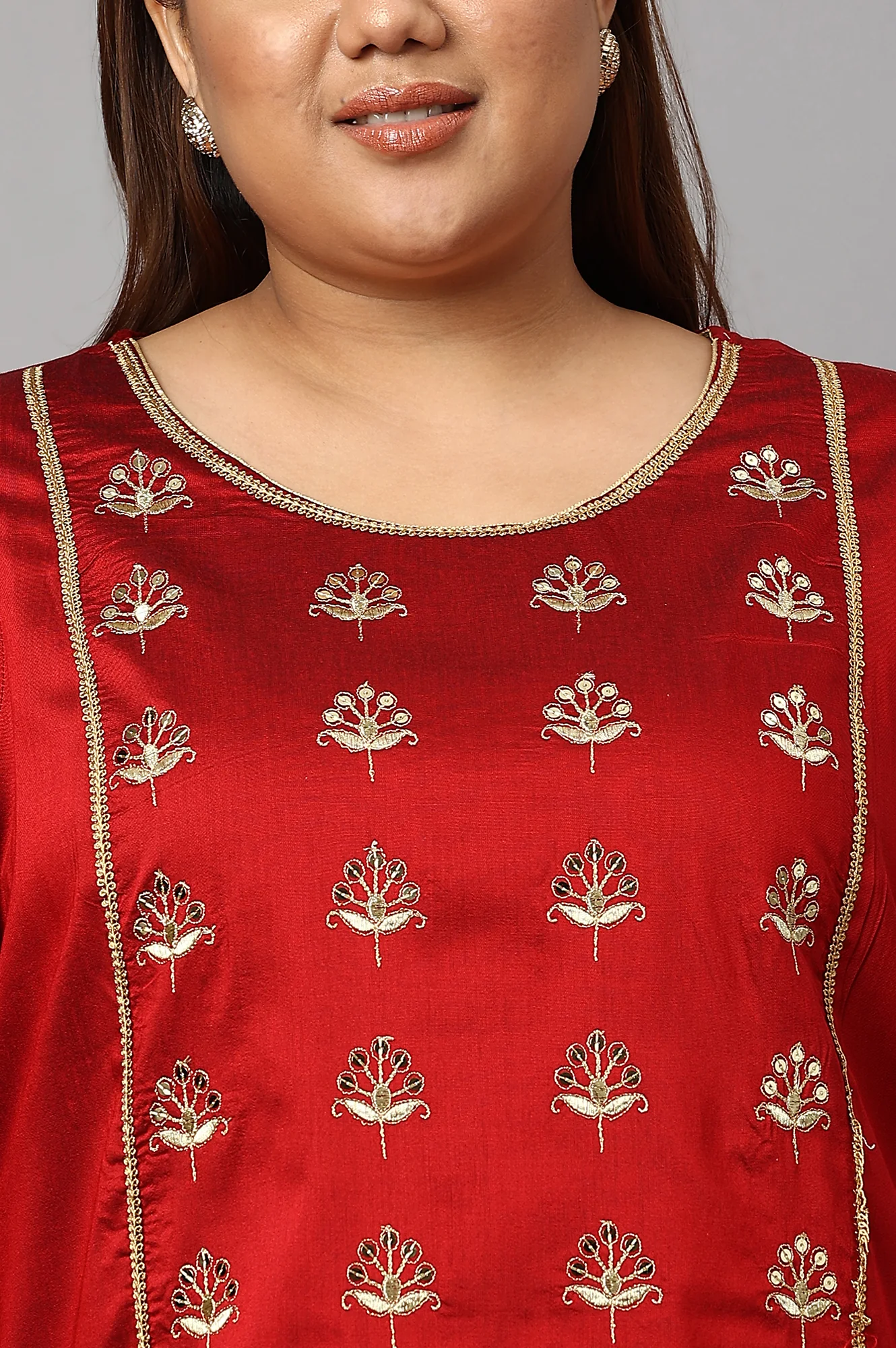 Red Zari Embroidered Plus Size LIVA kurta - Image 5