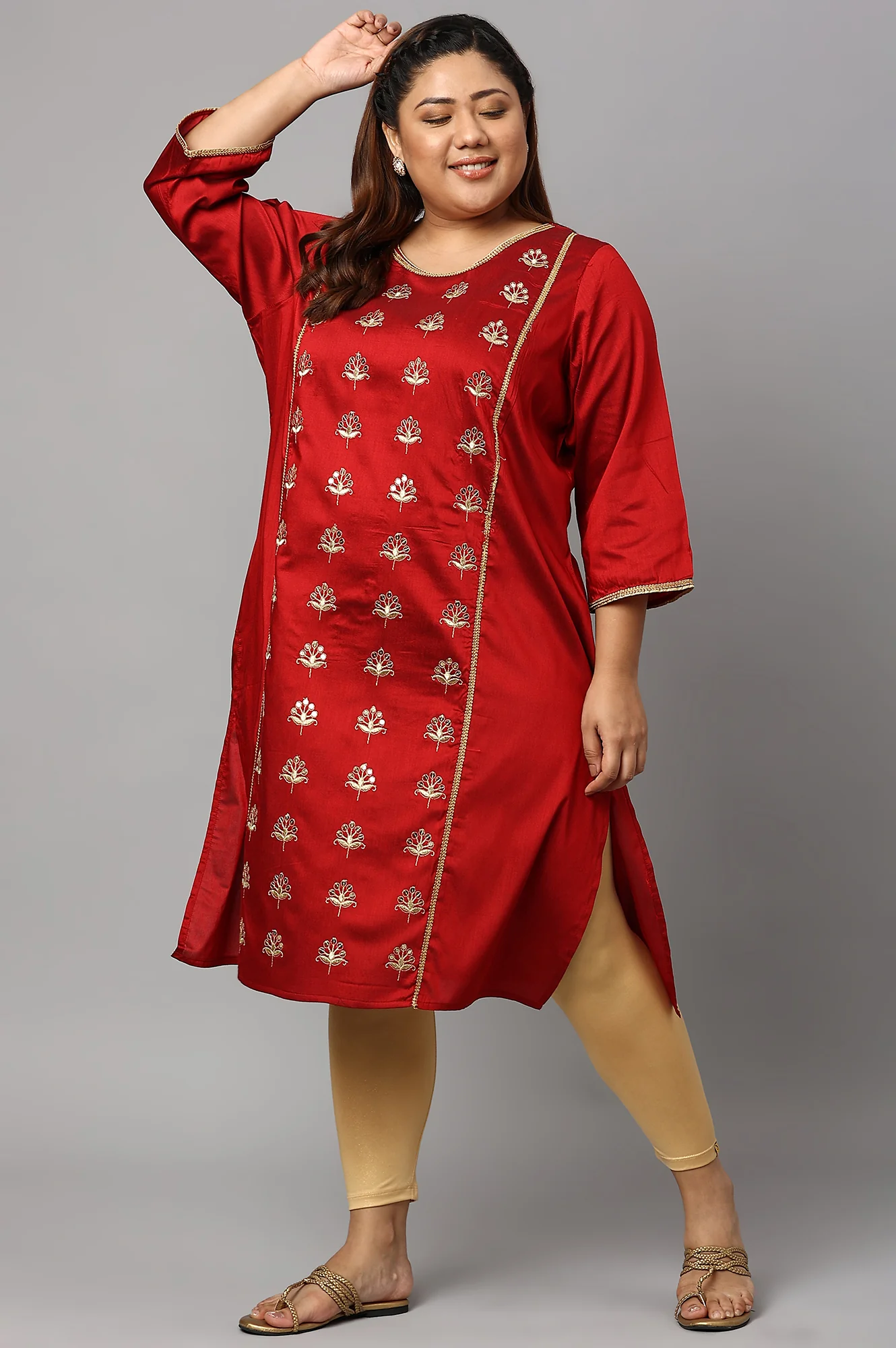 Red Zari Embroidered Plus Size LIVA kurta - Image 6