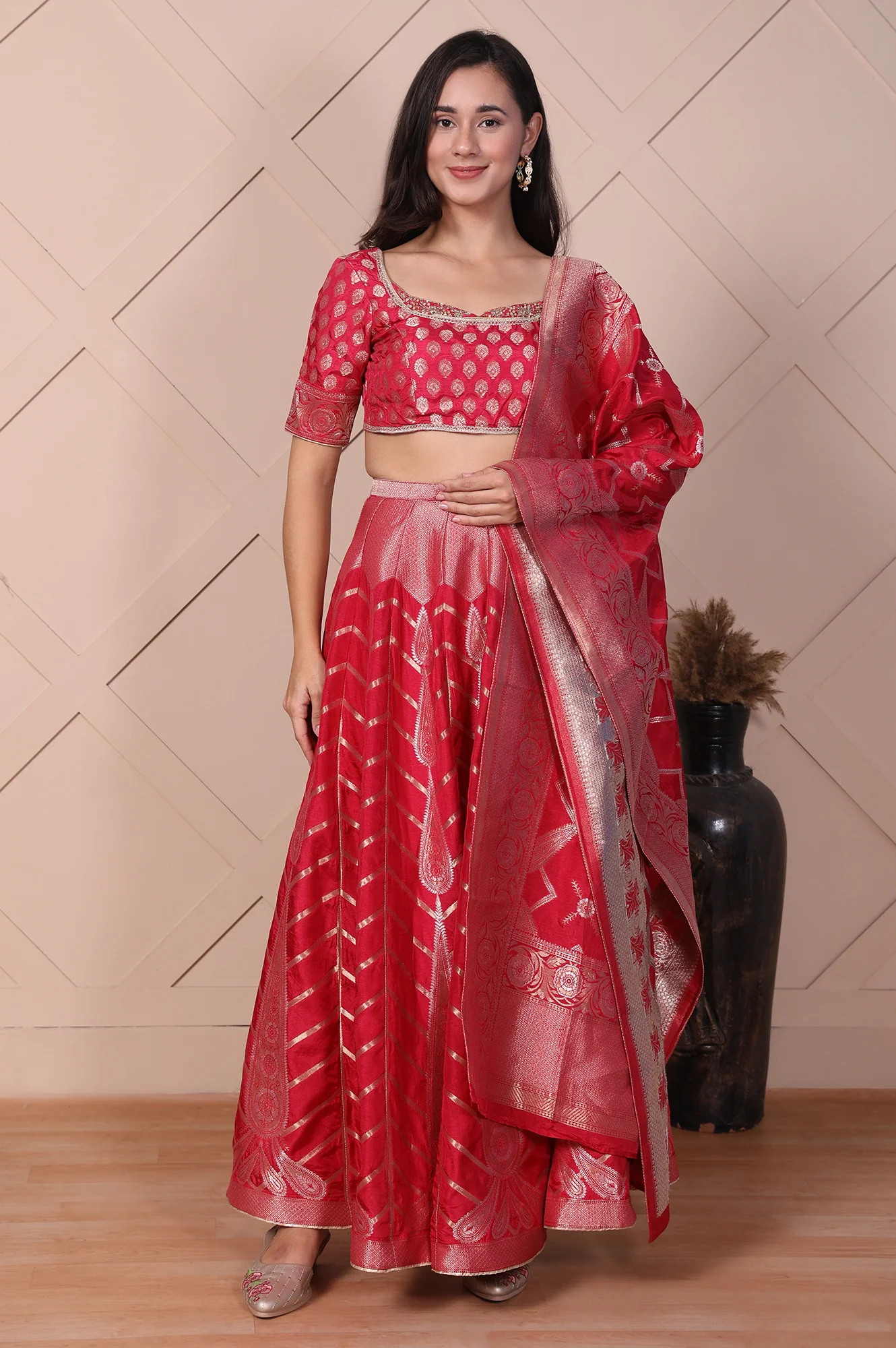 Red Zari Jacquard Straight Crop Top, Skirt and Dupatta Set - Image 3
