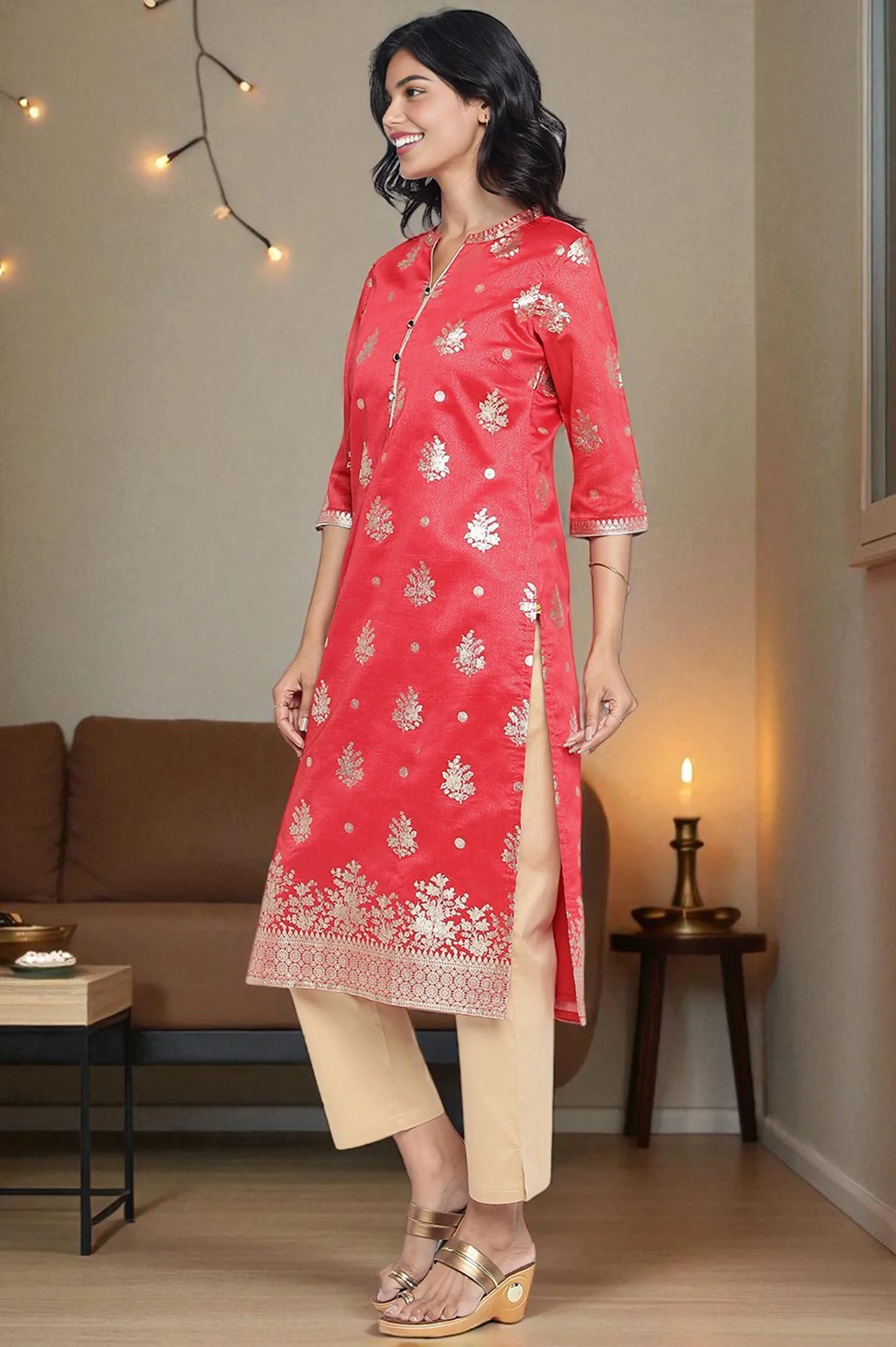 Rich Red Ethnic Motifs Printed Straight Tissue Kurta - Image 4