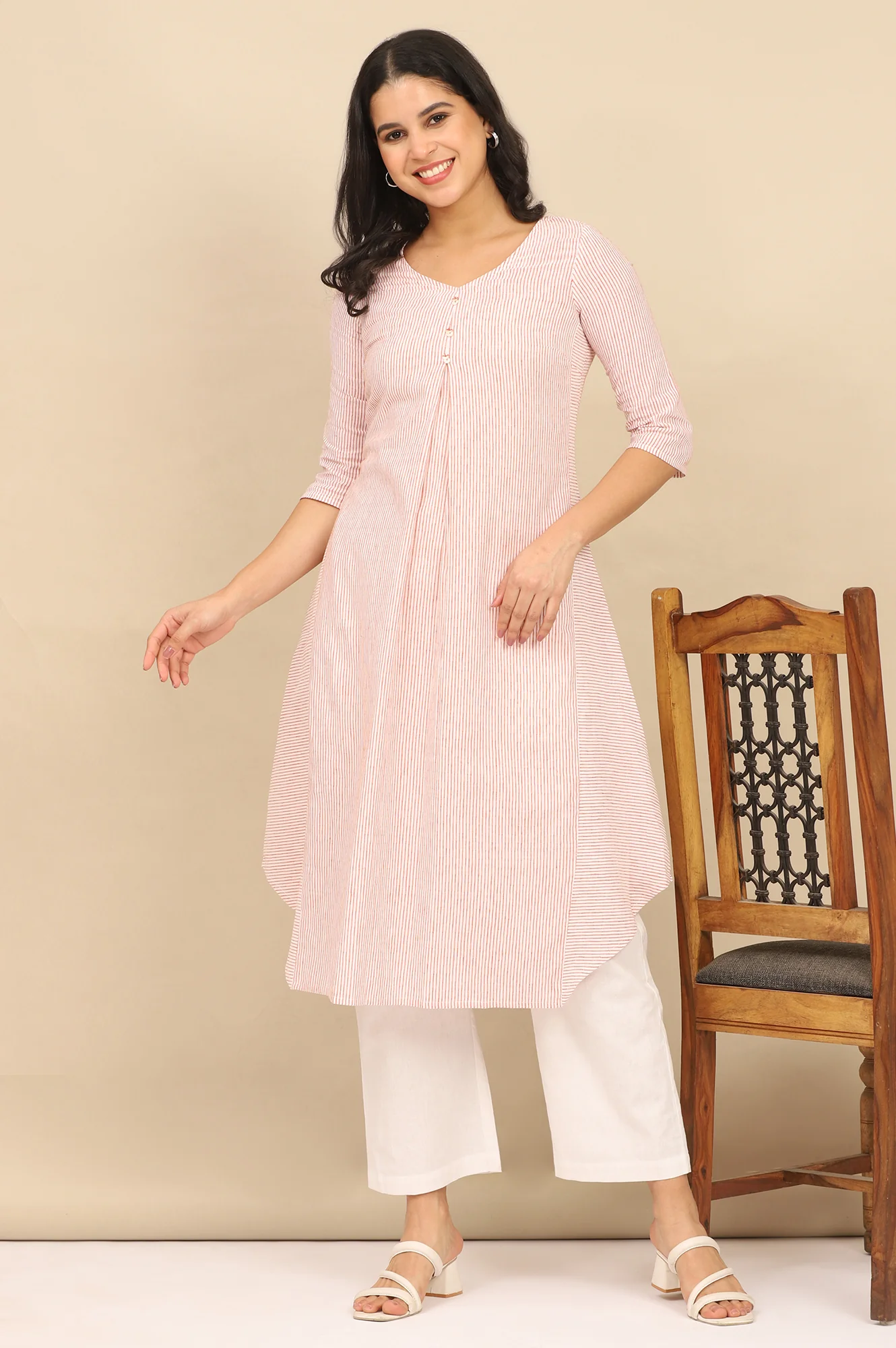 Russet Orange Striped Cotton Flax Flared Kurta - Image 3
