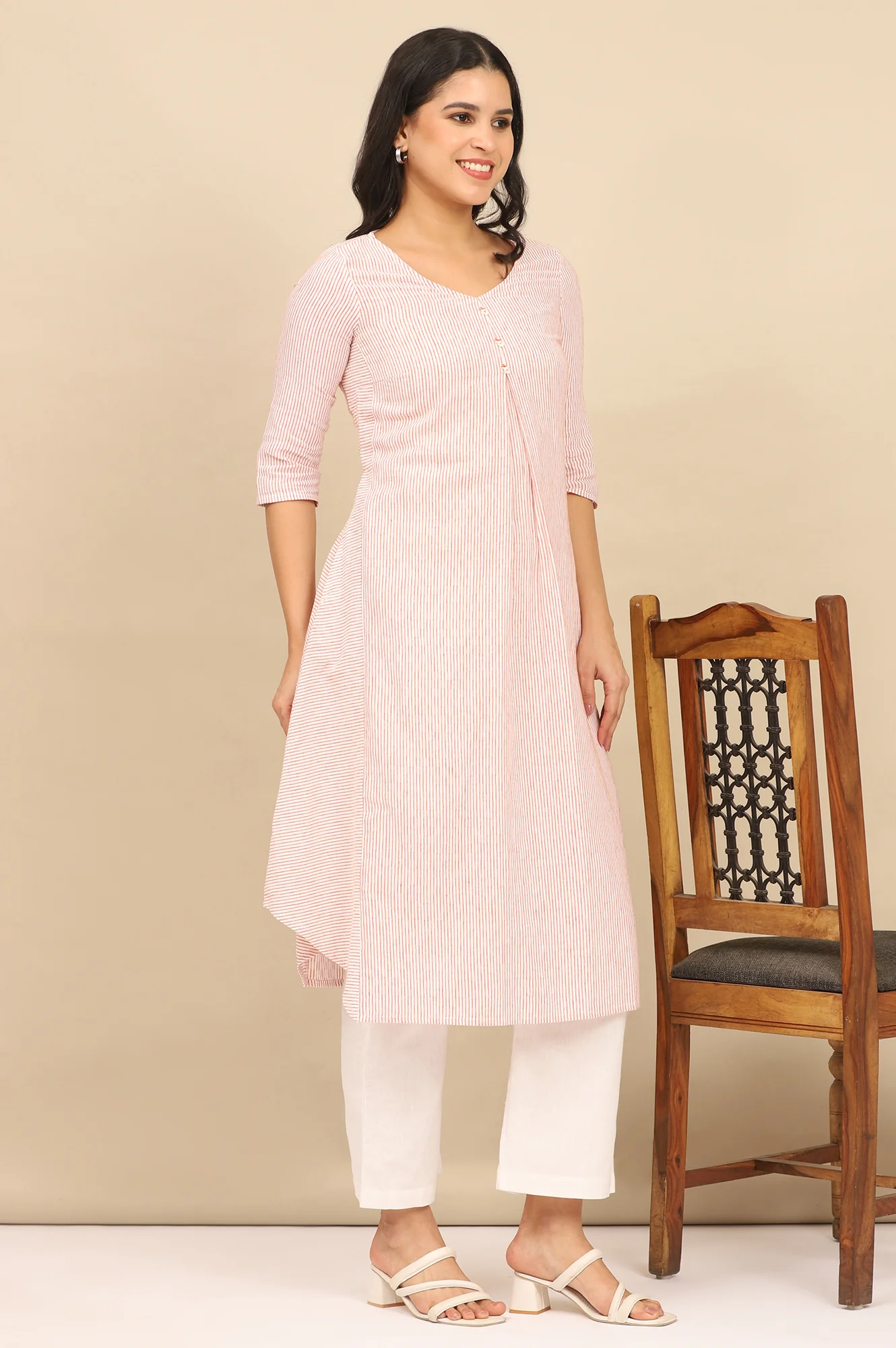 Russet Orange Striped Cotton Flax Flared Kurta - Image 7