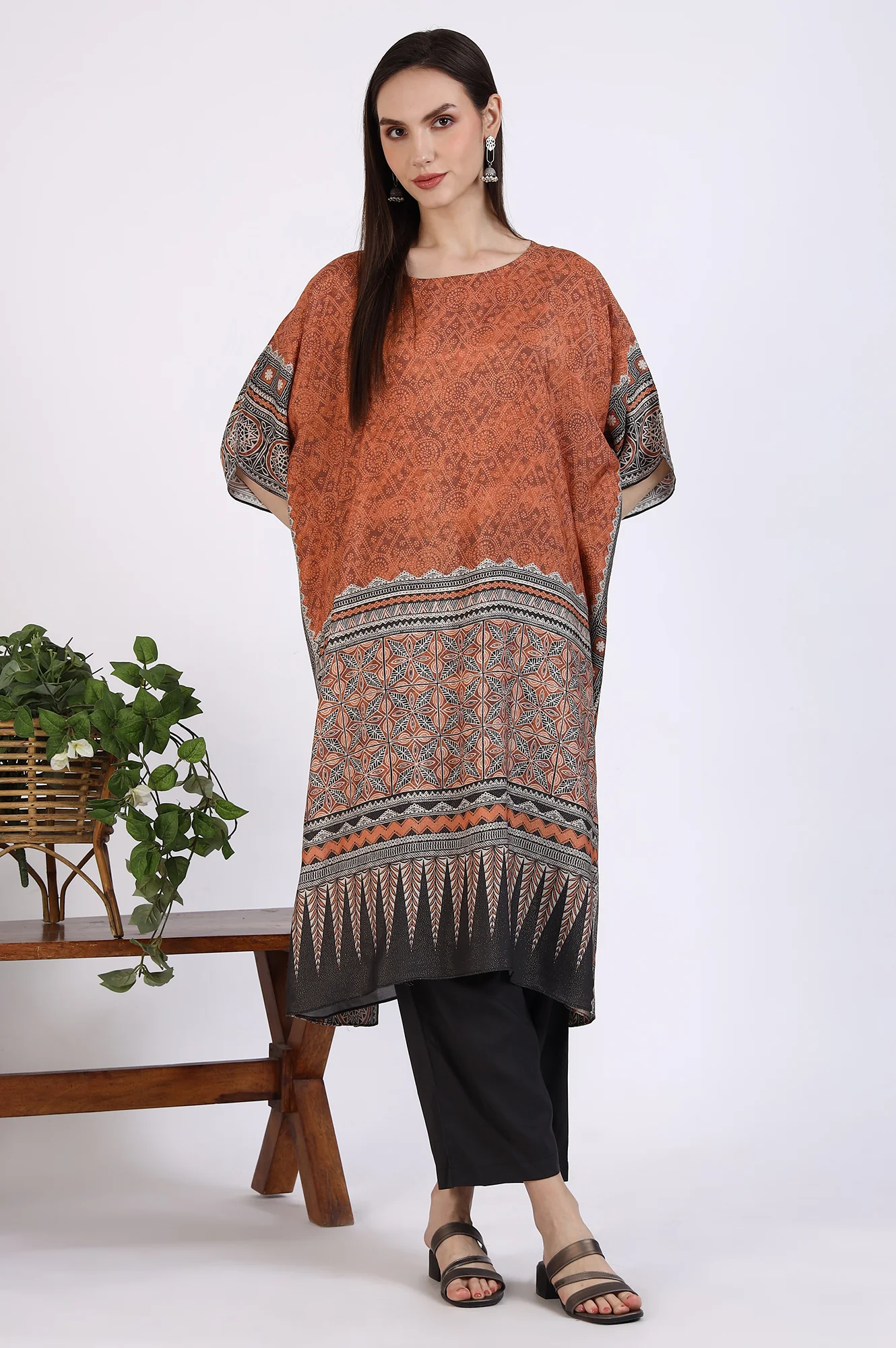 Rust Brown Geometric Printed Cotton Blend Kaftan and Palazzo Set - Image 3