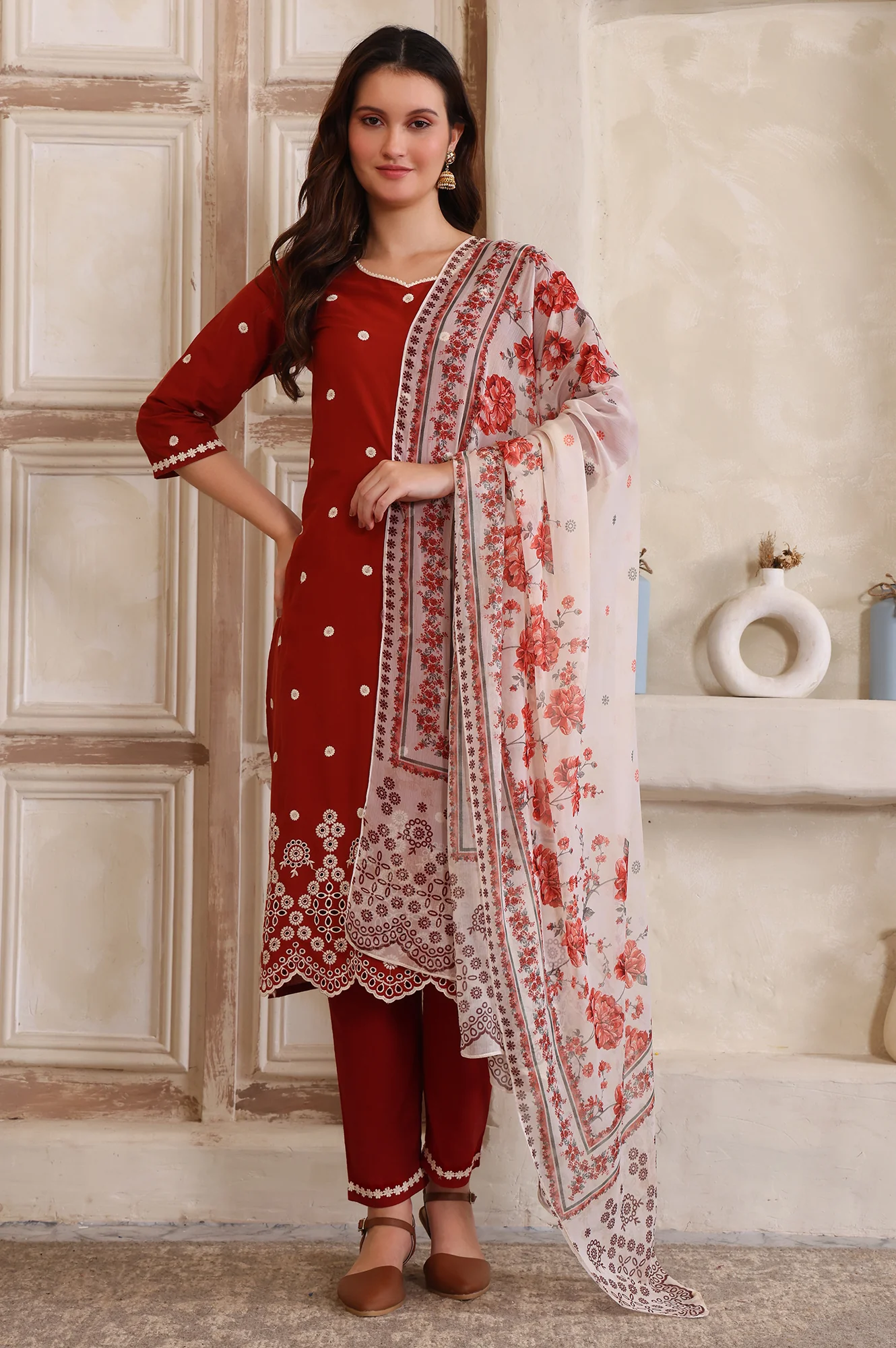 Rust Embroidered Schiffily Straight Cotton Kurta, Trouser and Dupatta Set - Image 2
