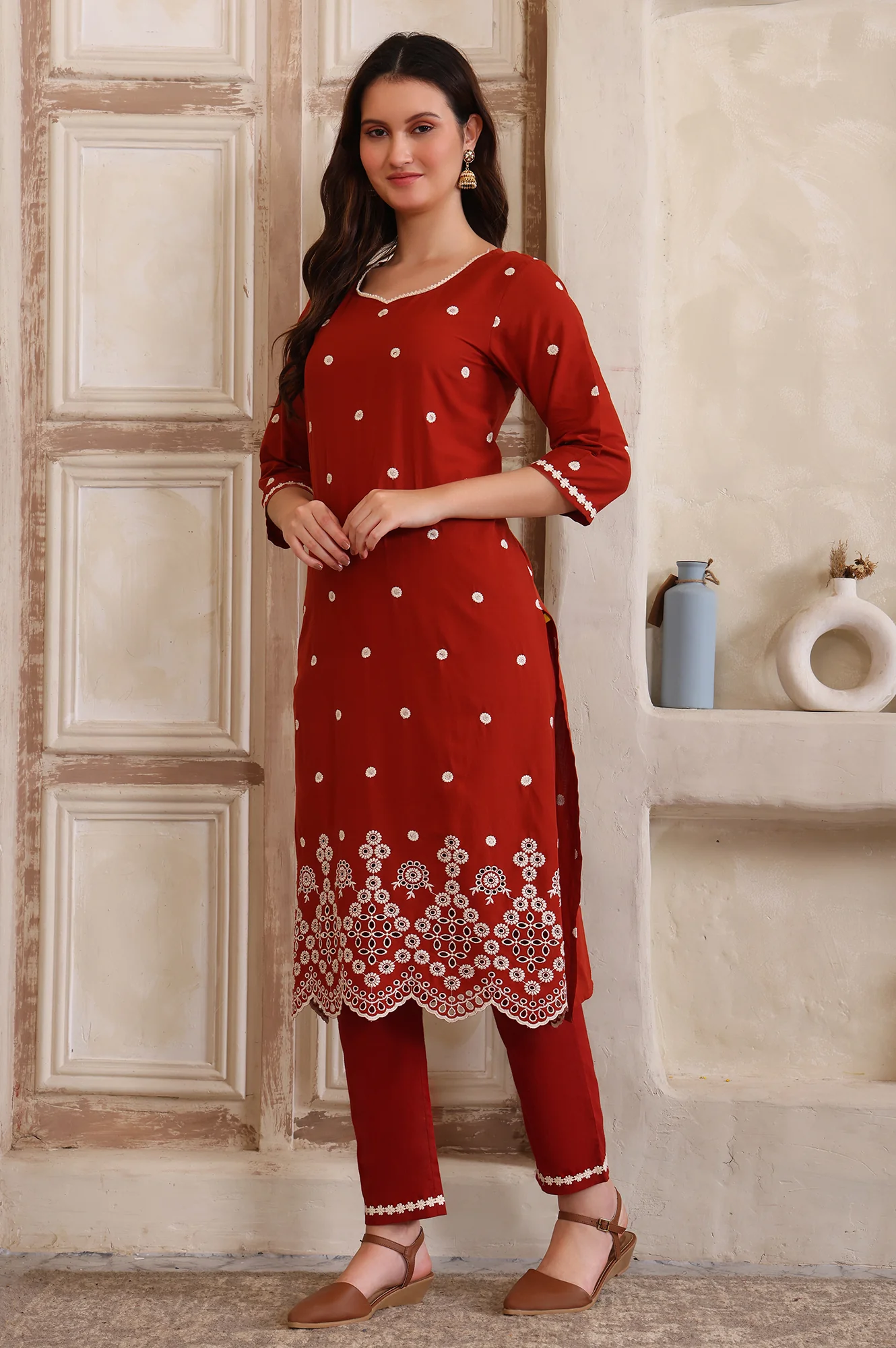 Rust Embroidered Schiffily Straight Cotton Kurta, Trouser and Dupatta Set - Image 4