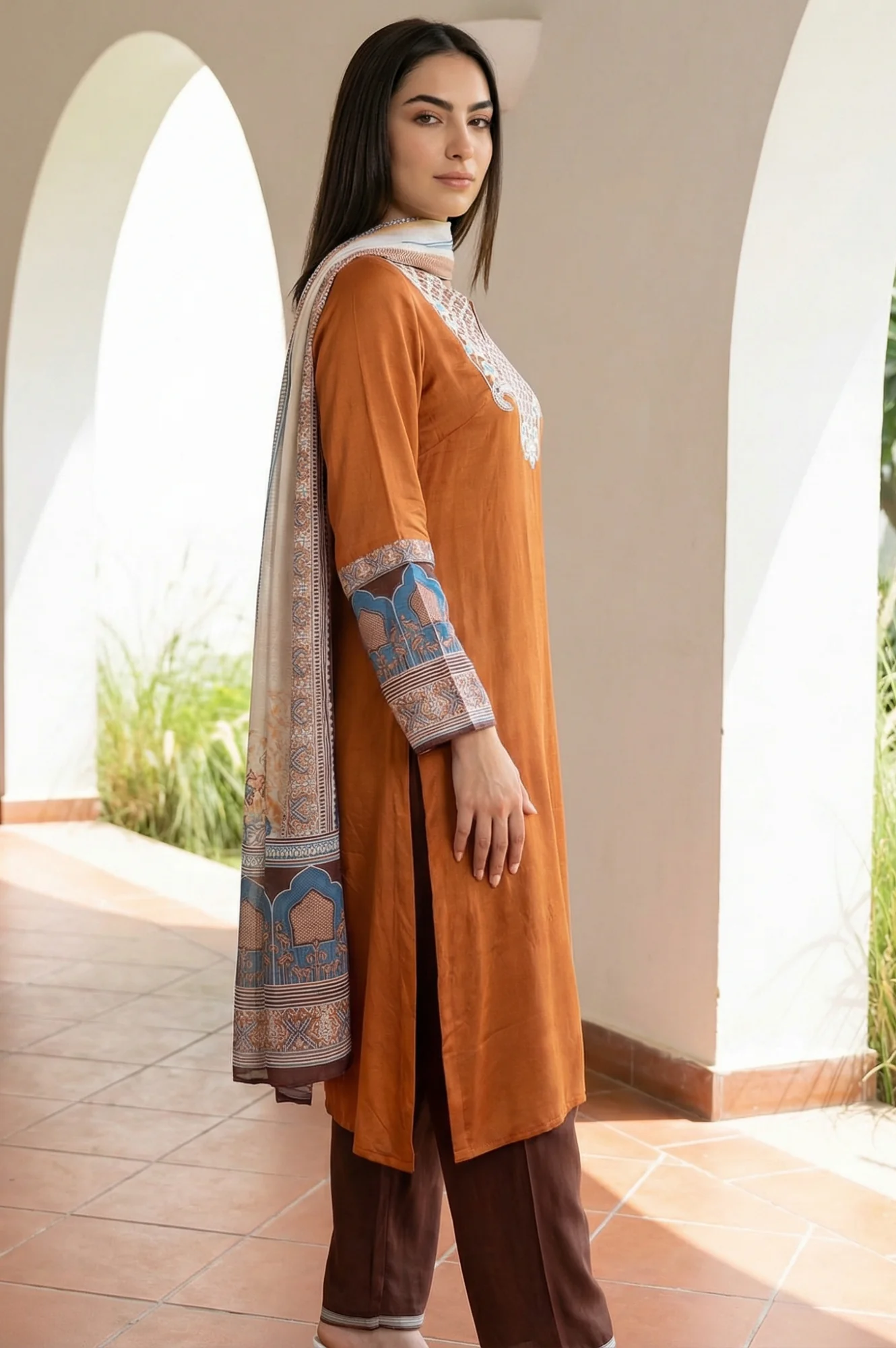 Rust Ethnic Motifs Straight Kurta with Trouser and Dupatta Set - Image 4