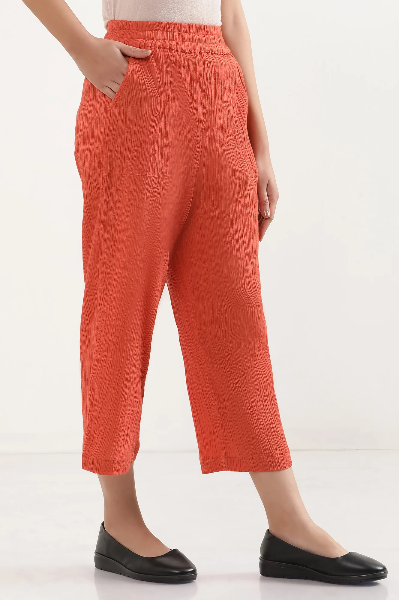 Rust Solid Wide Leg Rayon Culottes With Elasticated Waist - Image 5