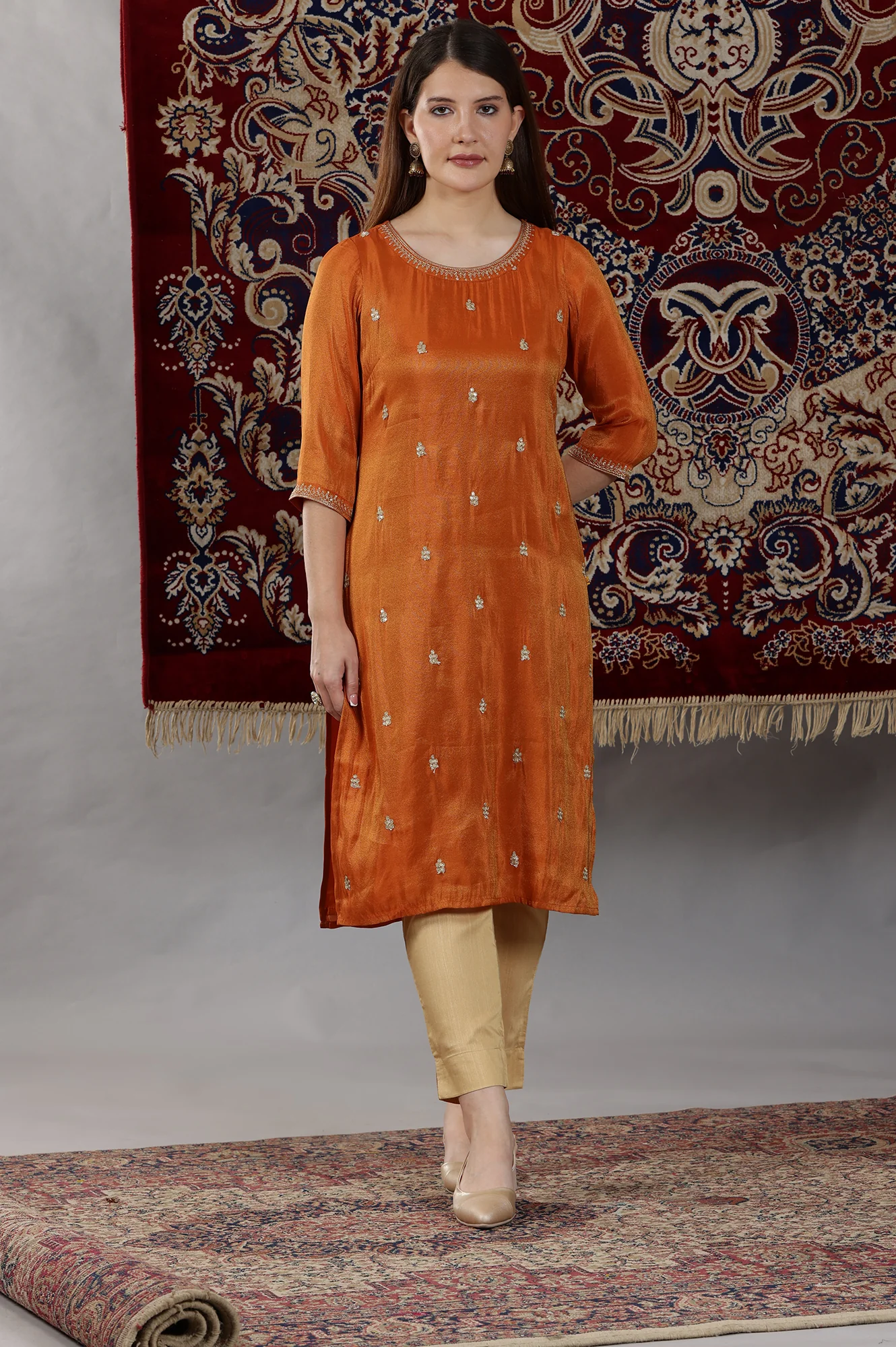 Rust Orange Embroidered Viscose Tissue Straight Kurta - Image 2