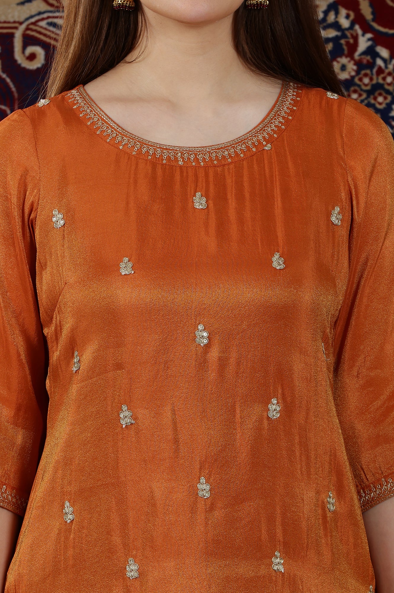 Rust Orange Embroidered Viscose Tissue Straight Kurta - Image 3