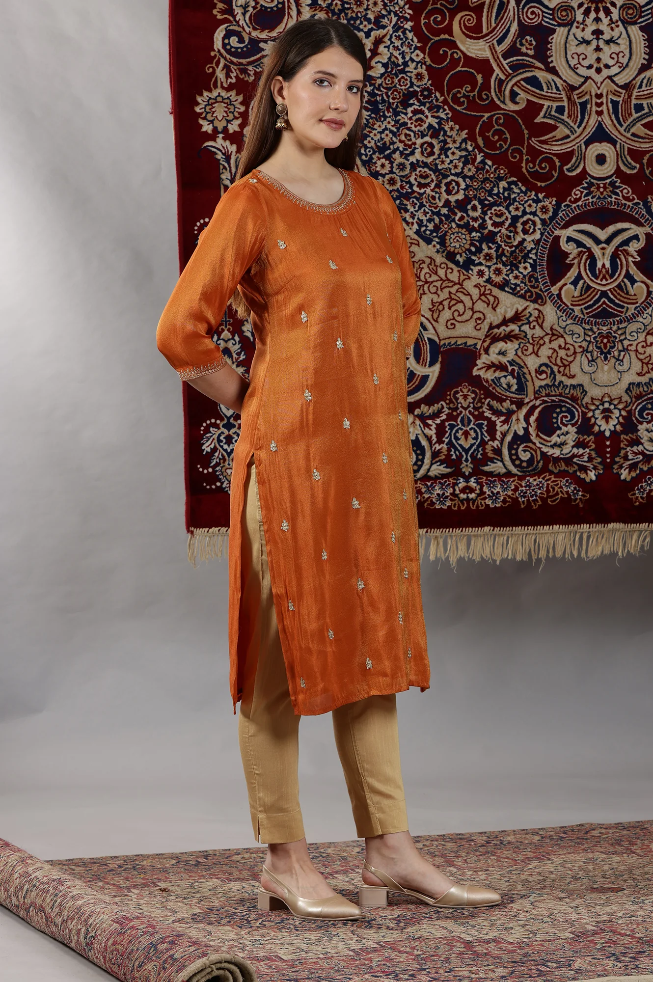 Rust Orange Embroidered Viscose Tissue Straight Kurta - Image 4