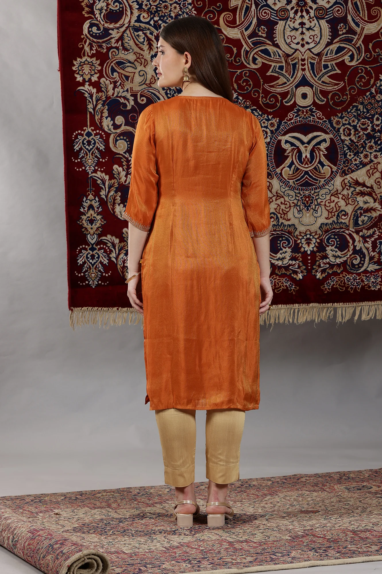 Rust Orange Embroidered Viscose Tissue Straight Kurta - Image 5