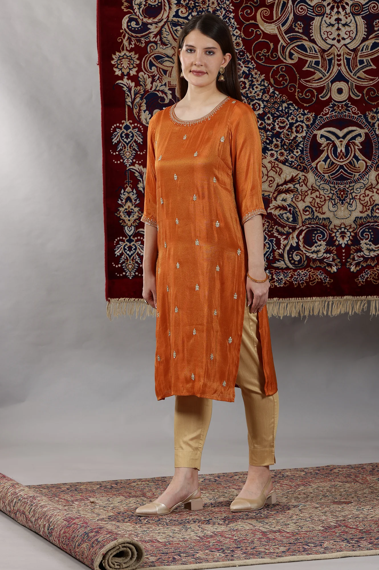 Rust Orange Embroidered Viscose Tissue Straight Kurta - Image 6