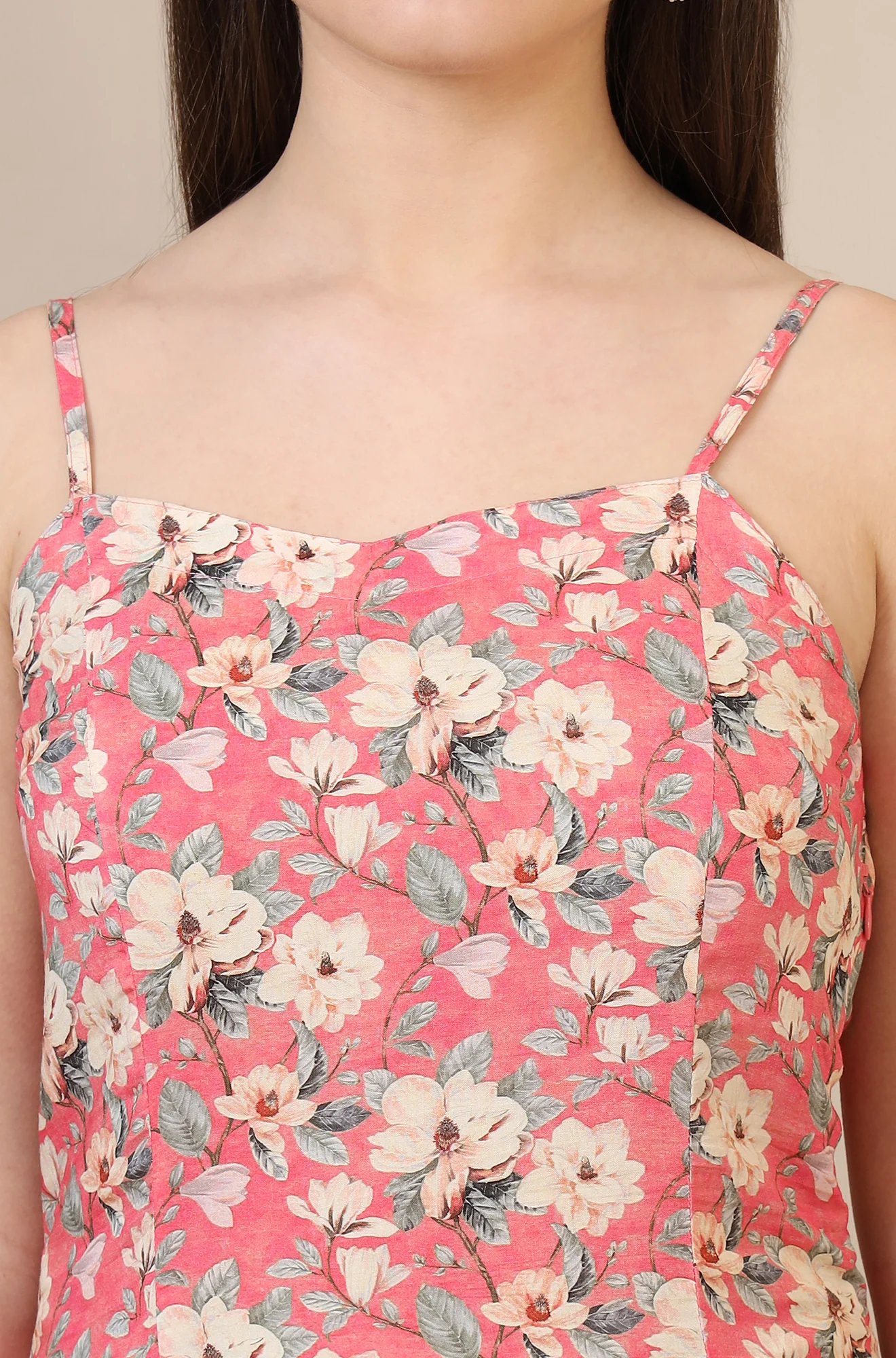 Salmon Pink Floral Printed A-line Modal Spaghetti Dress - Image 4