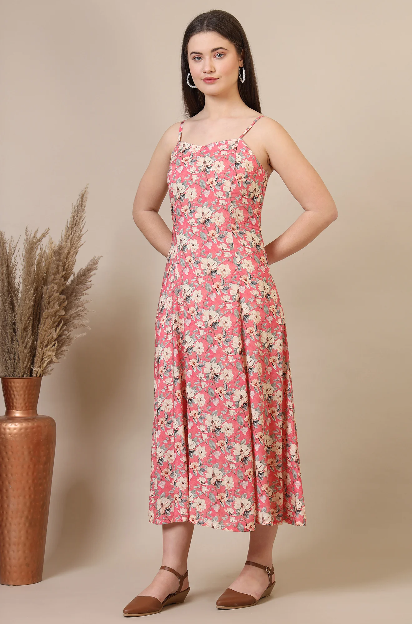 Salmon Pink Floral Printed A-line Modal Spaghetti Dress - Image 5