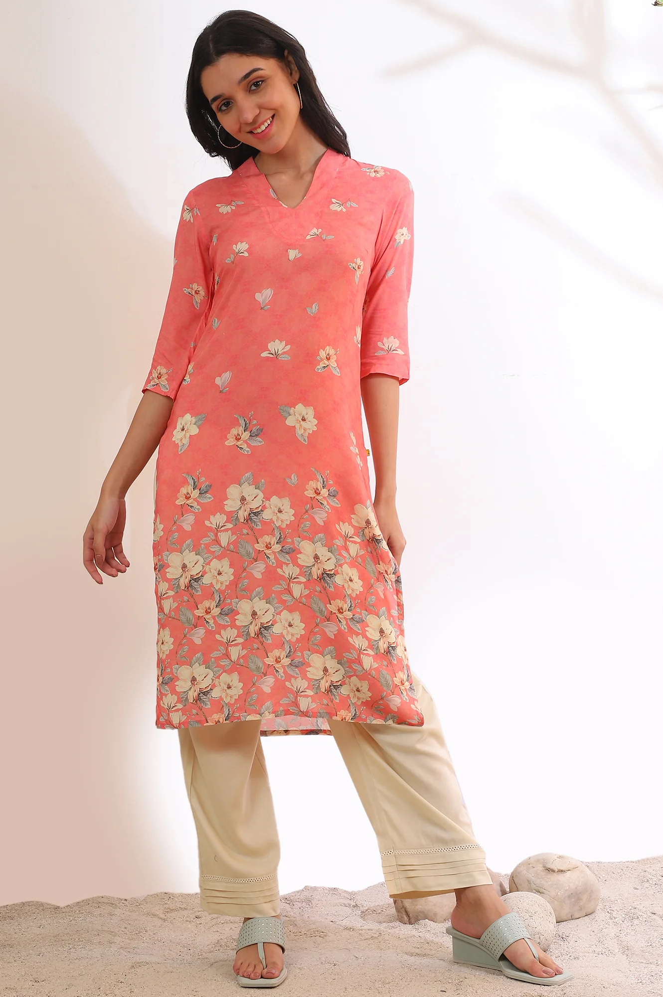 Salmon Pink Floral Printed Modal Straight Kurta - Image 2