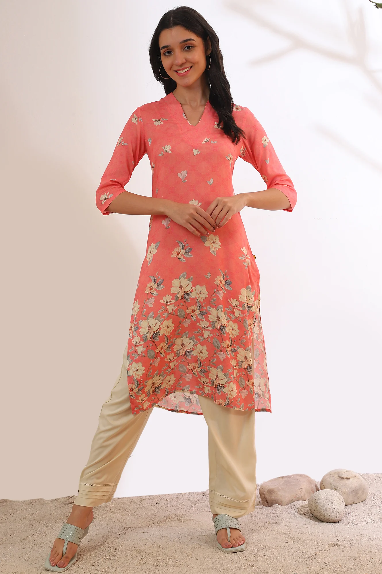 Salmon Pink Floral Printed Modal Straight Kurta - Image 3