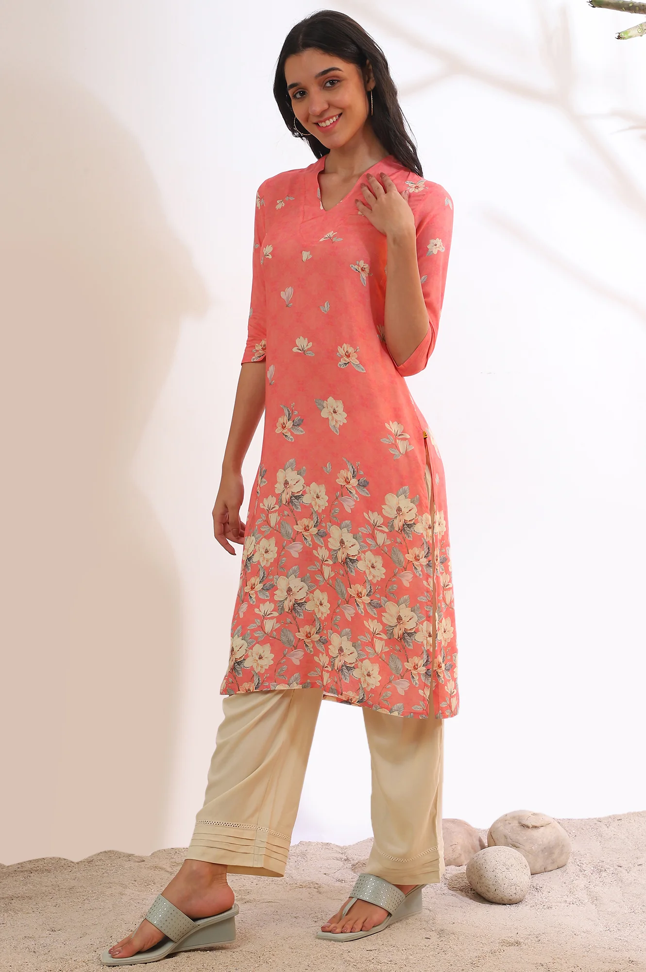 Salmon Pink Floral Printed Modal Straight Kurta - Image 5