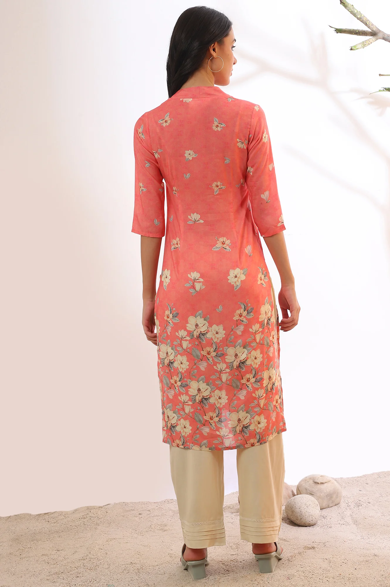 Salmon Pink Floral Printed Modal Straight Kurta - Image 6