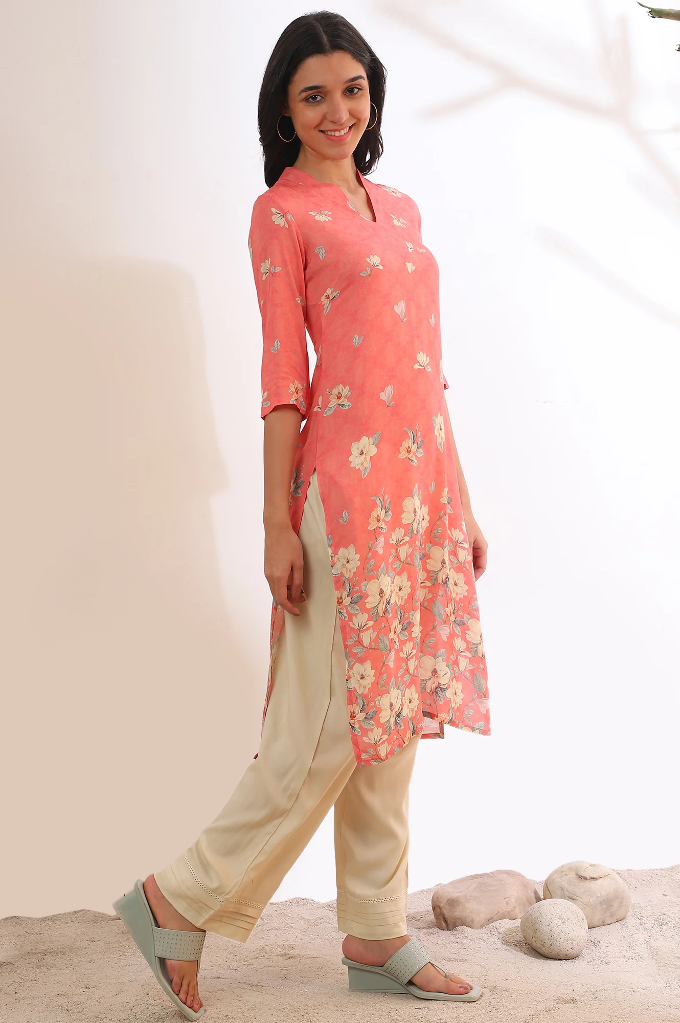Salmon Pink Floral Printed Modal Straight Kurta - Image 7