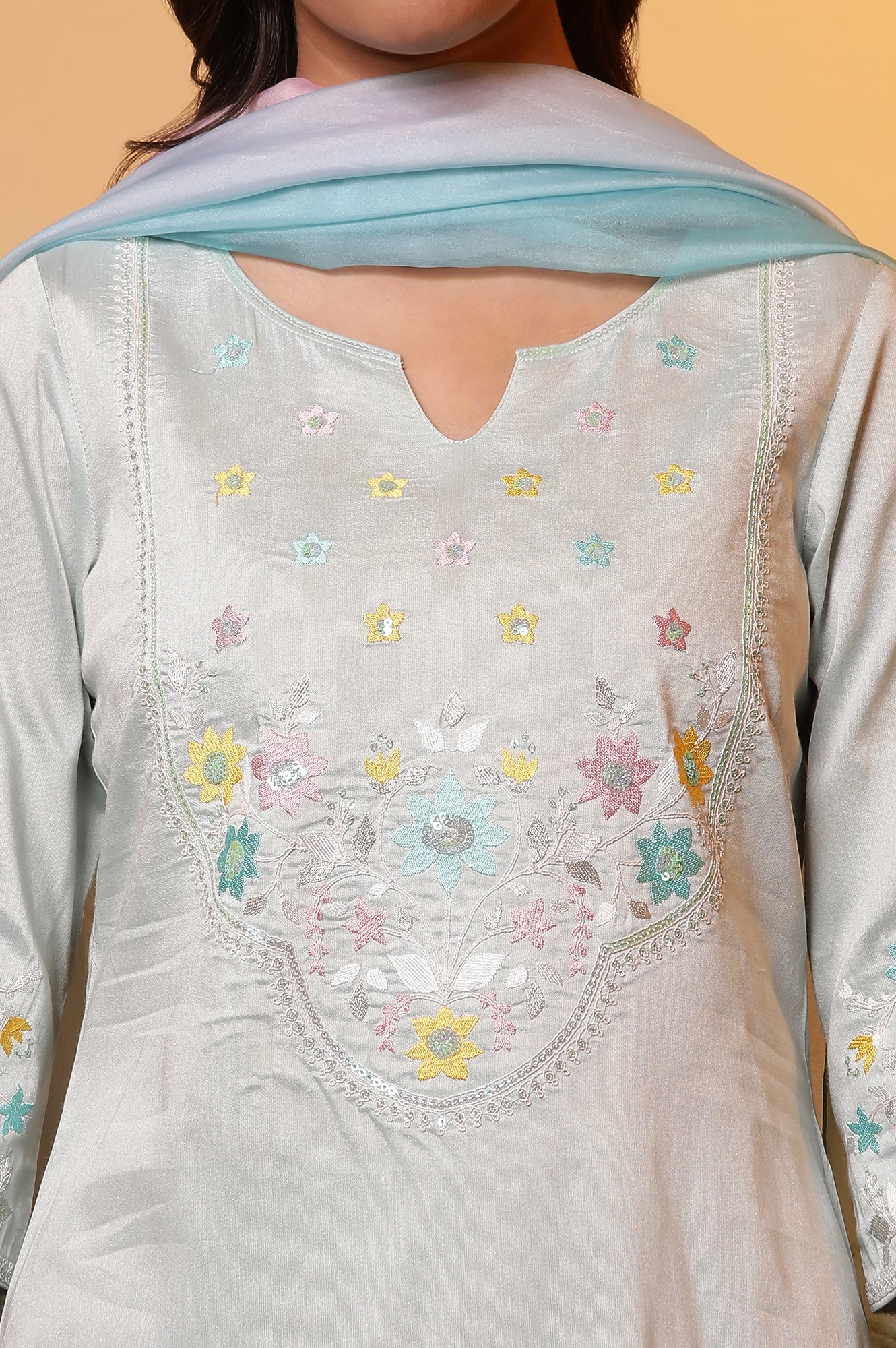Sea Green Embroidered Kurta, Pants and Dupatta Set - Image 7