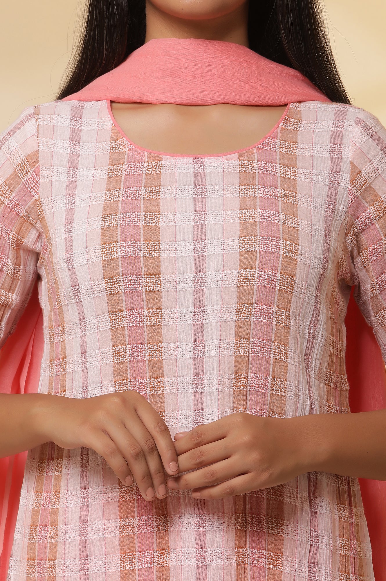 Shell Pink Checker Cotton Kurta, Tights and Dupatta Set - Image 6