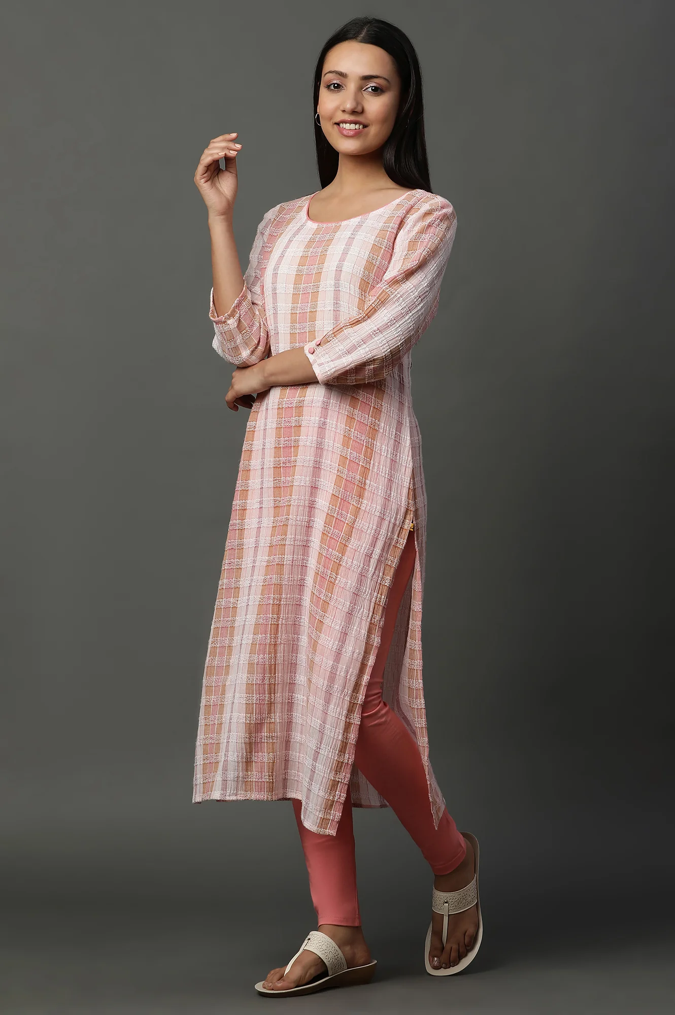 Shell Pink Printed Yarn-Dyed Kurta - Image 3