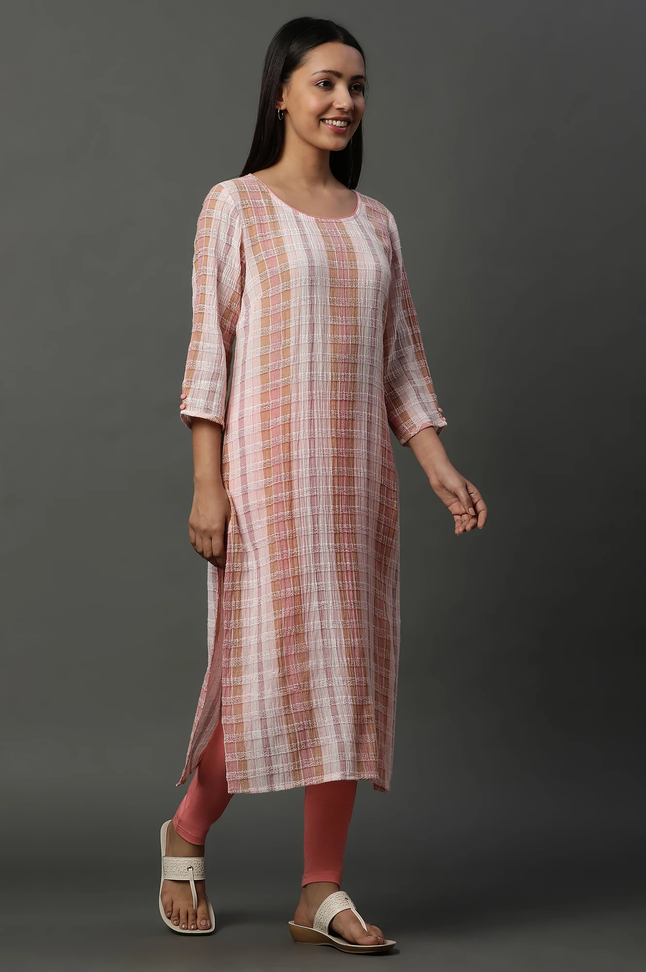 Shell Pink Printed Yarn-Dyed Kurta - Image 5
