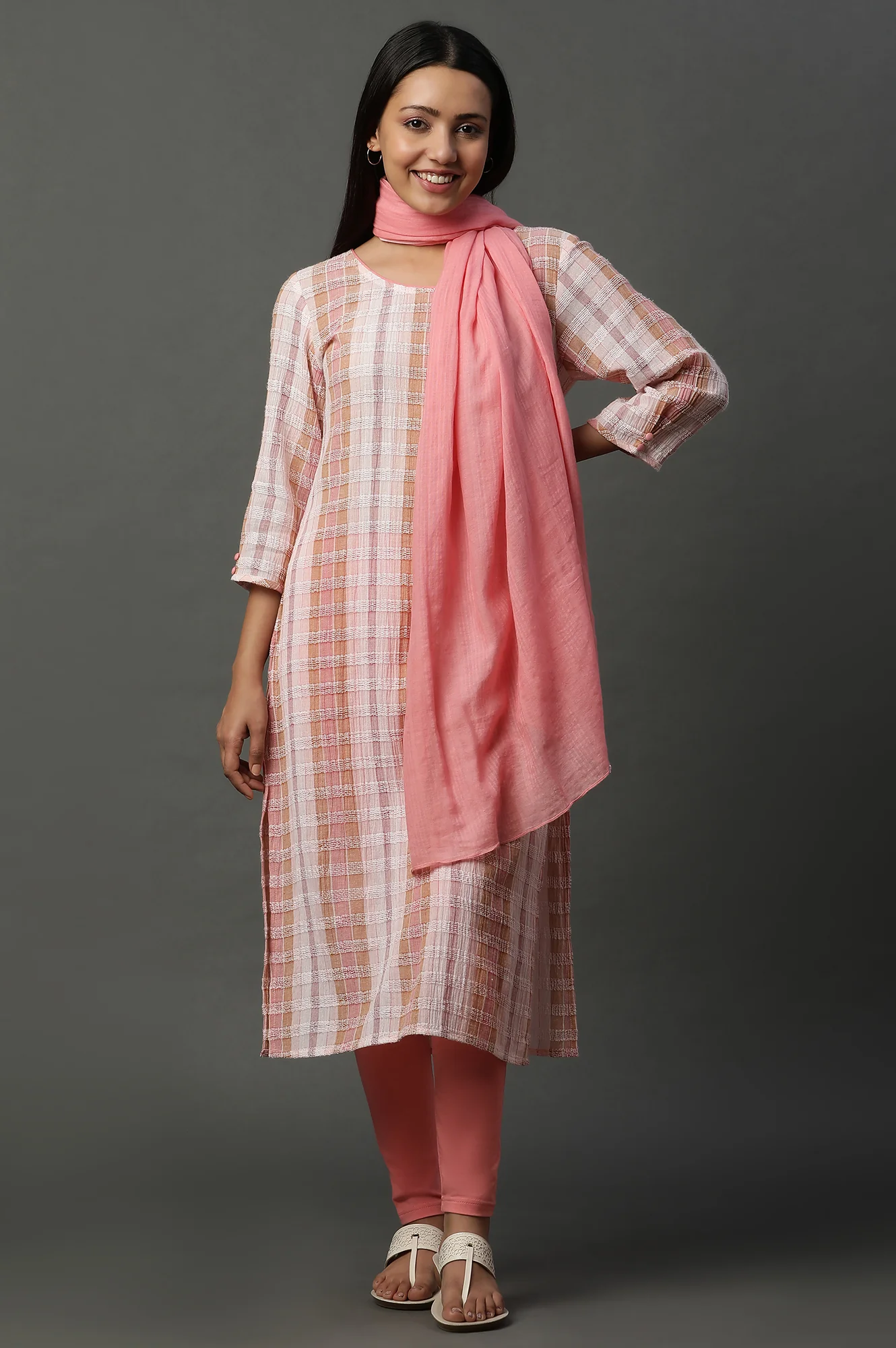 Shell Pink Printed Yarn-Dyed Kurta - Image 6