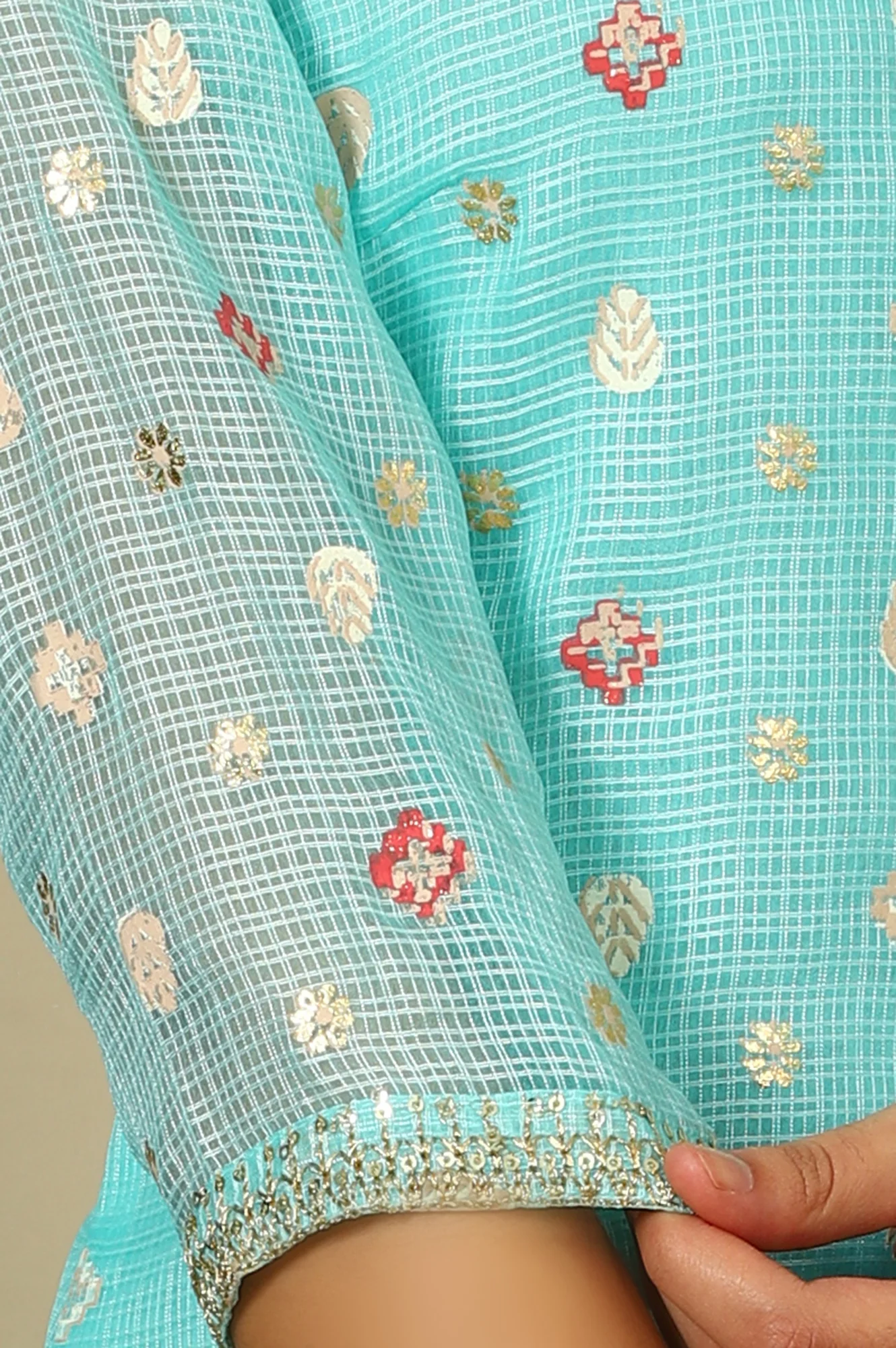 Sky Blue Abstract Printed Kota Kurta with Embellished Neck - Image 8