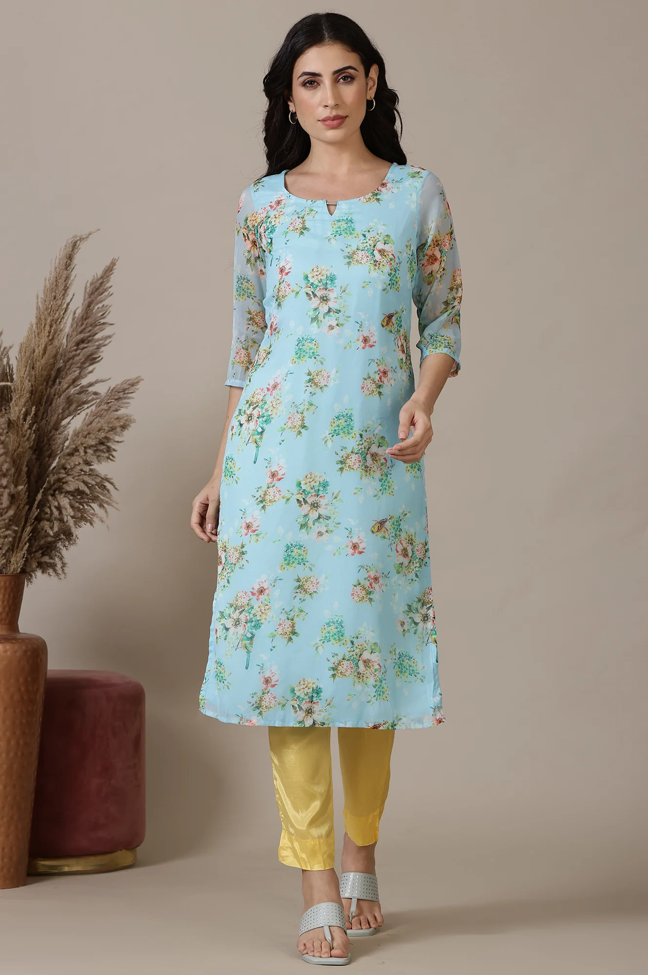 Sky Blue Floral Printed Chiffon Kurta - Image 2