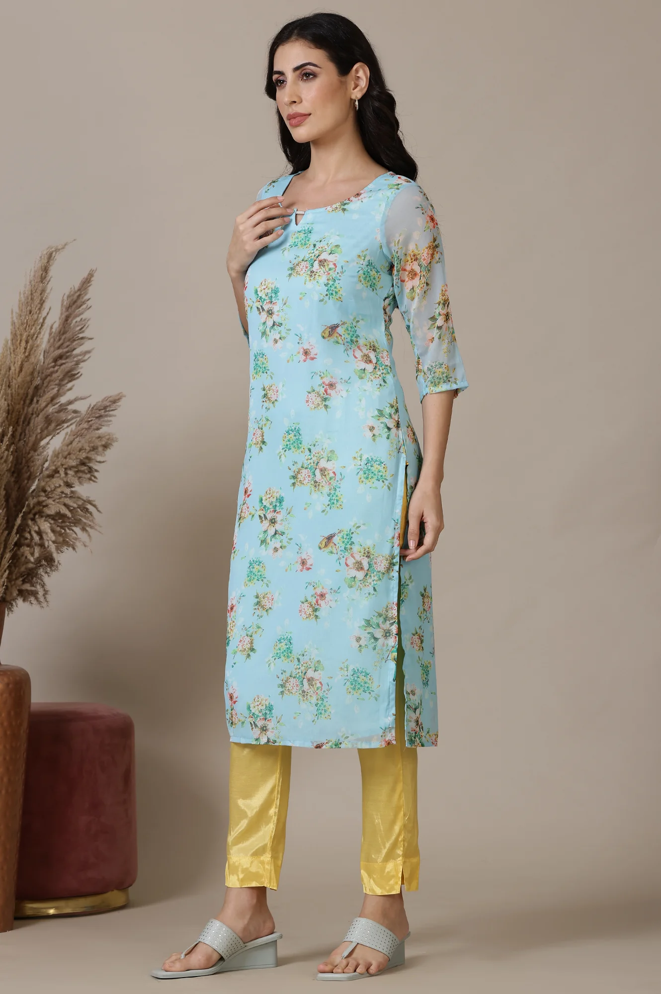 Sky Blue Floral Printed Chiffon Kurta - Image 6
