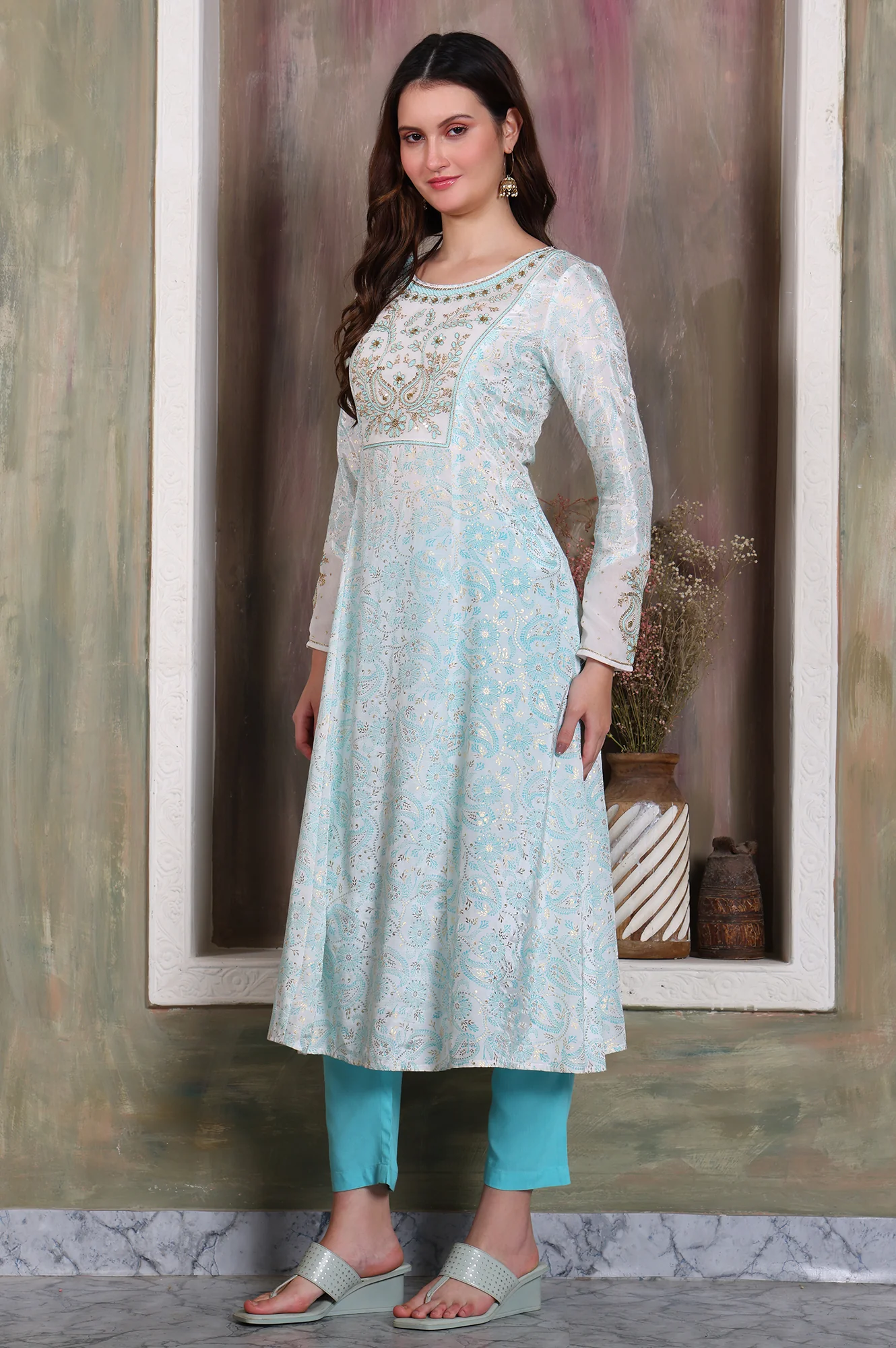 Sky Blue Floral Printed Zari Embroidered Anarkali Kurta, Trouser and Stole Set - Image 4