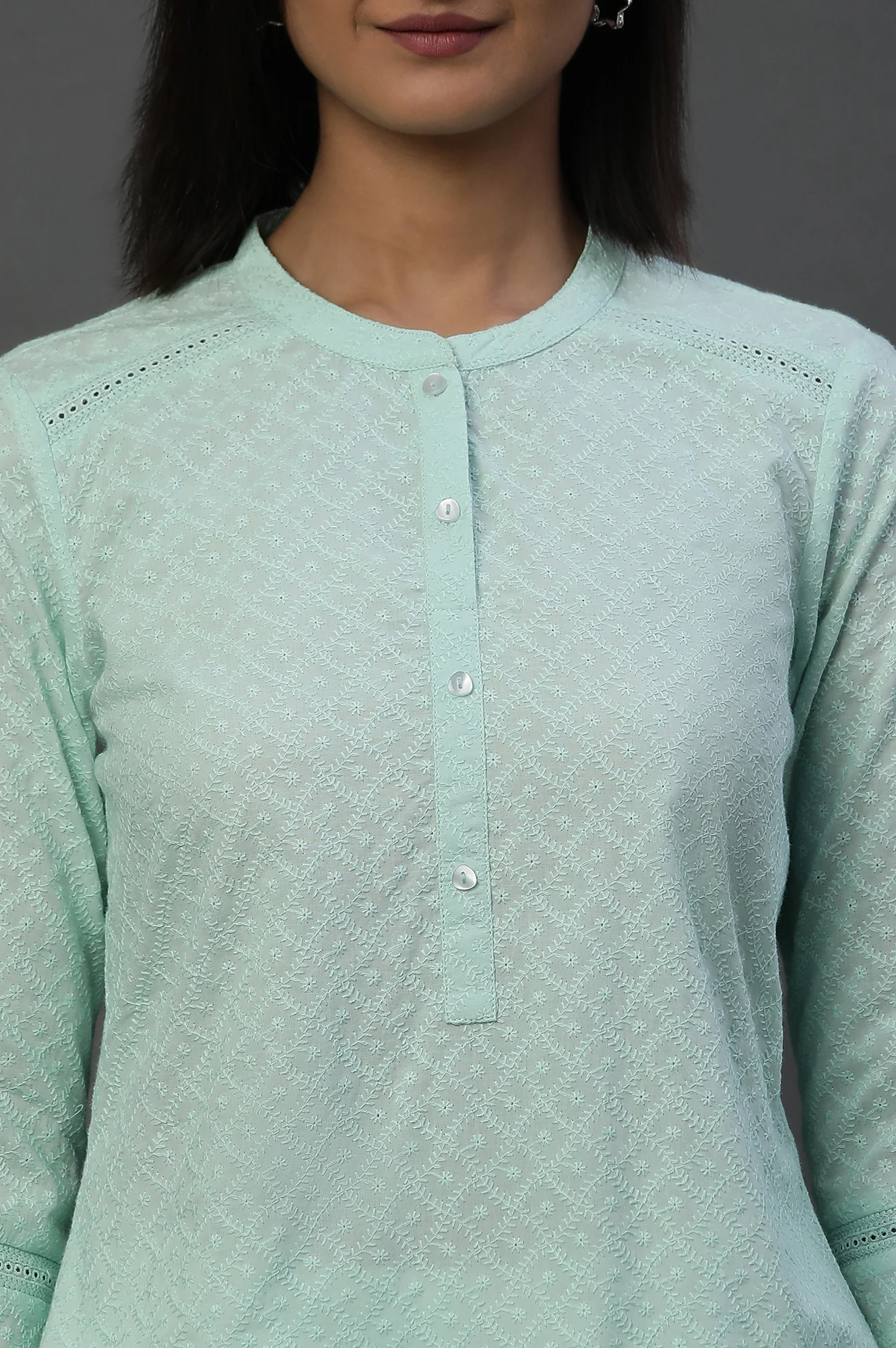 Sky Blue Lace Inserted Short Schiffli Kurti - Image 6