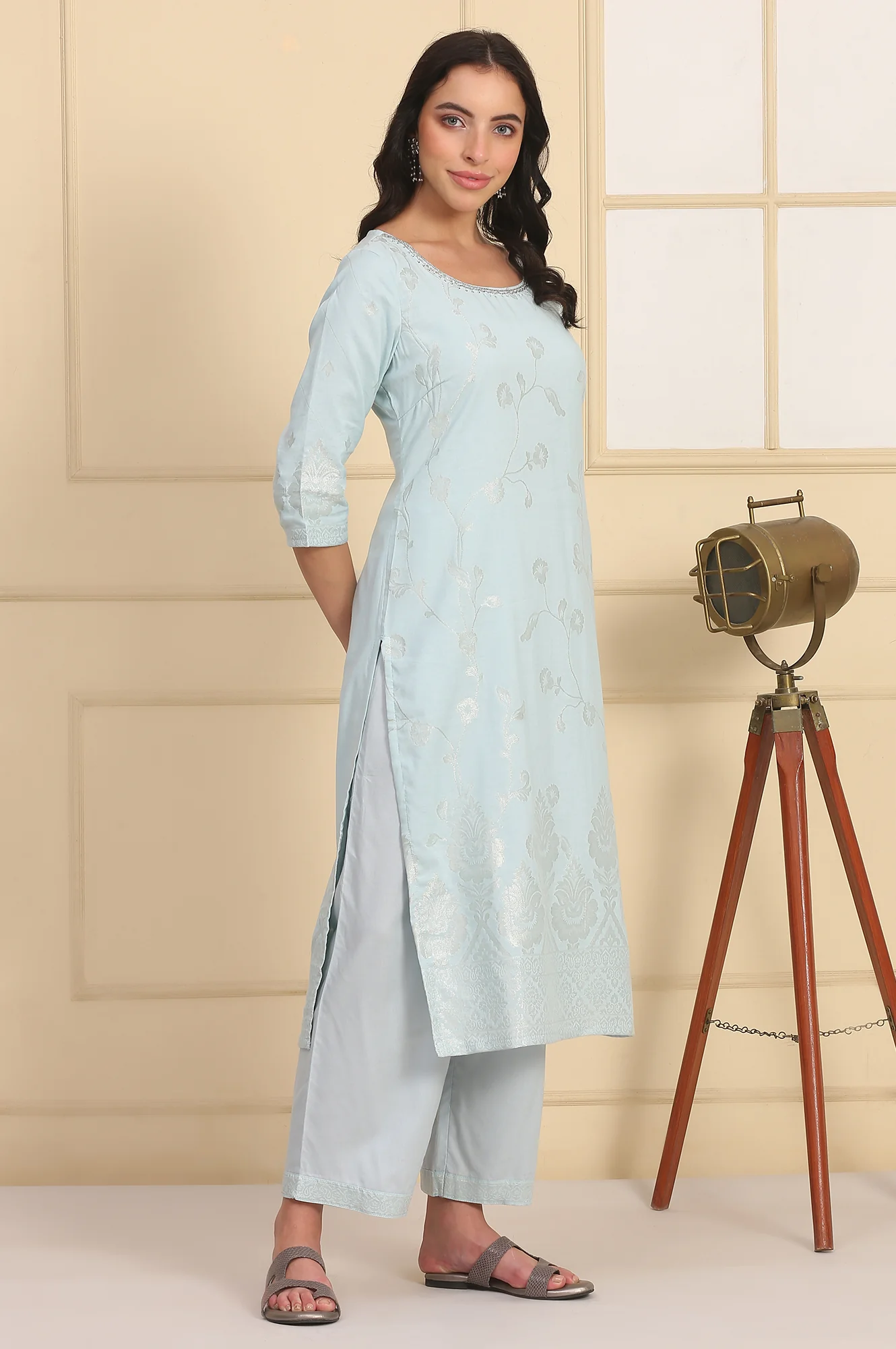 Sky Blue Solid Bead Embellished Straight Cotton Blend Kurta, Palazzos and Dupatta Set - Image 7