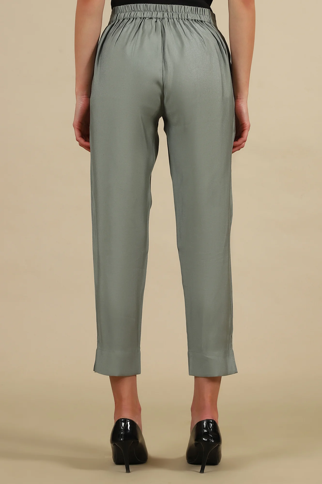 Grey Solid Straight Fit Trousers With Elasticated Waist - Image 3
