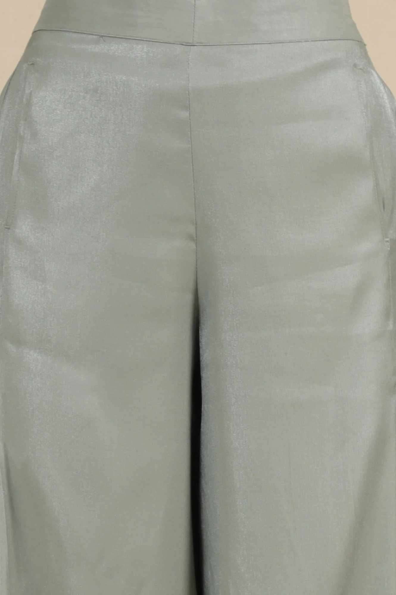 Grey Solid Flared Rayon Palazzo With Pleated Detail - Image 6