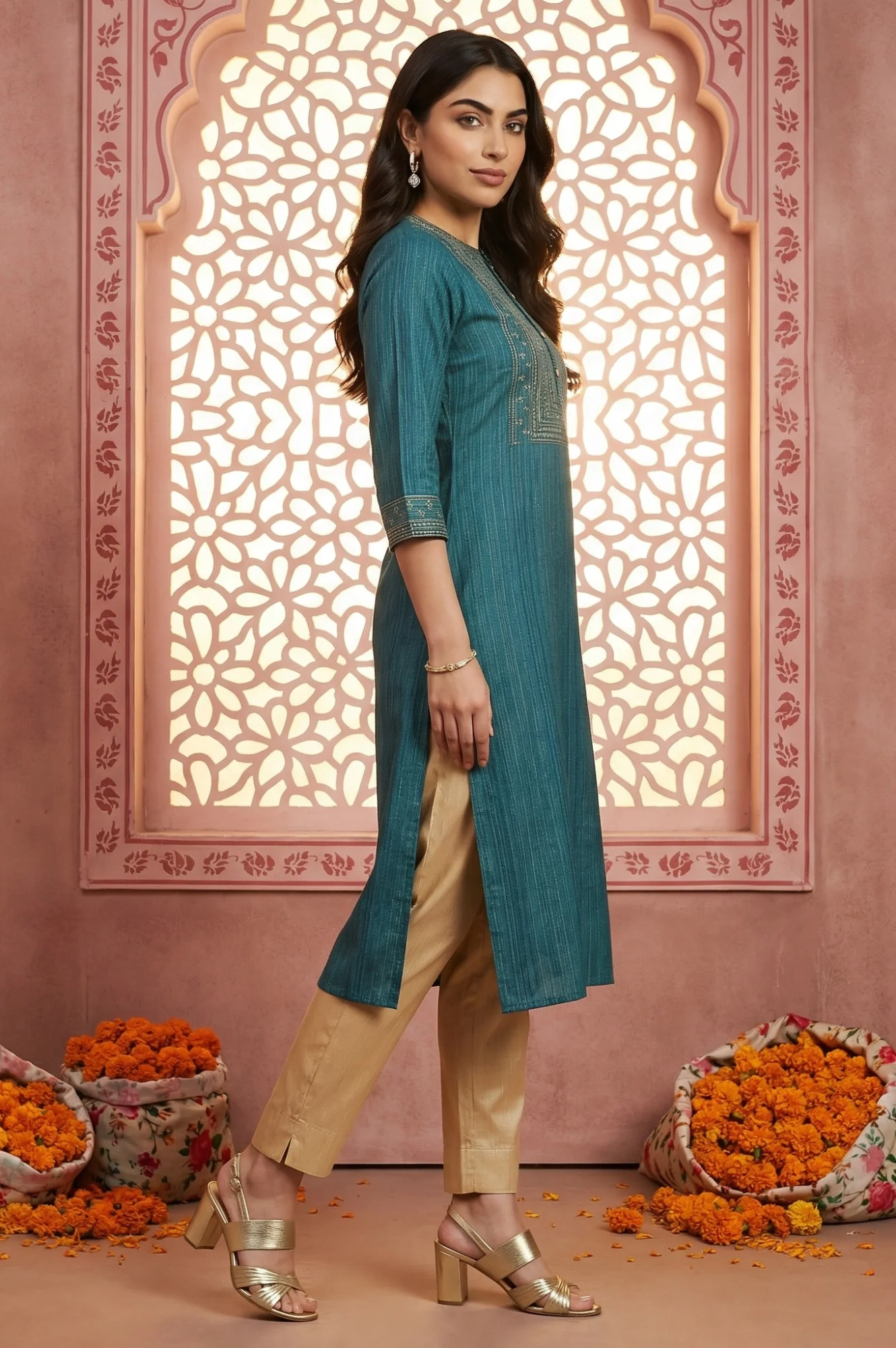 Teal Blue Lurex Striped Embroidered Straight Kurta - Image 5