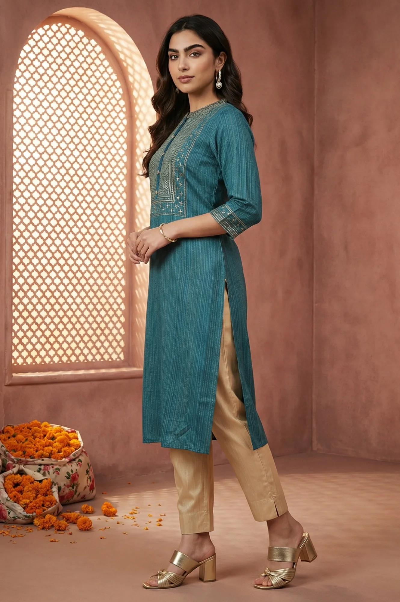 Teal Blue Lurex Striped Embroidered Straight Kurta - Image 6