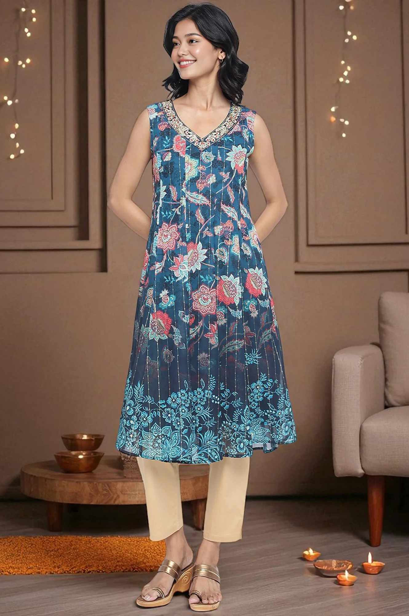Teal Digital Printed Thread Embroidered Flared Georgette Kurta