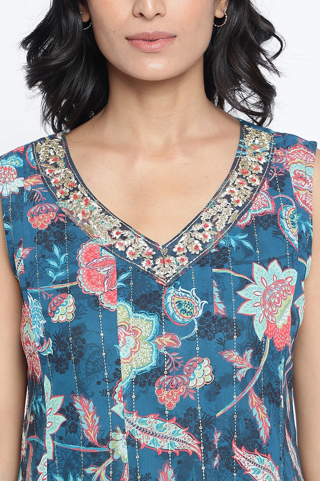 Teal Digital Printed Thread Embroidered Flared Georgette Kurta - Image 2
