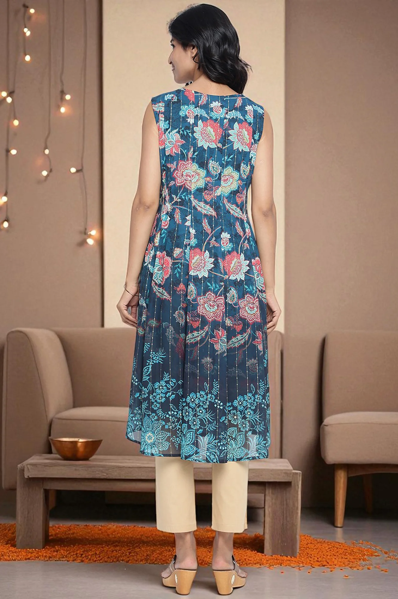 Teal Digital Printed Thread Embroidered Flared Georgette Kurta - Image 4